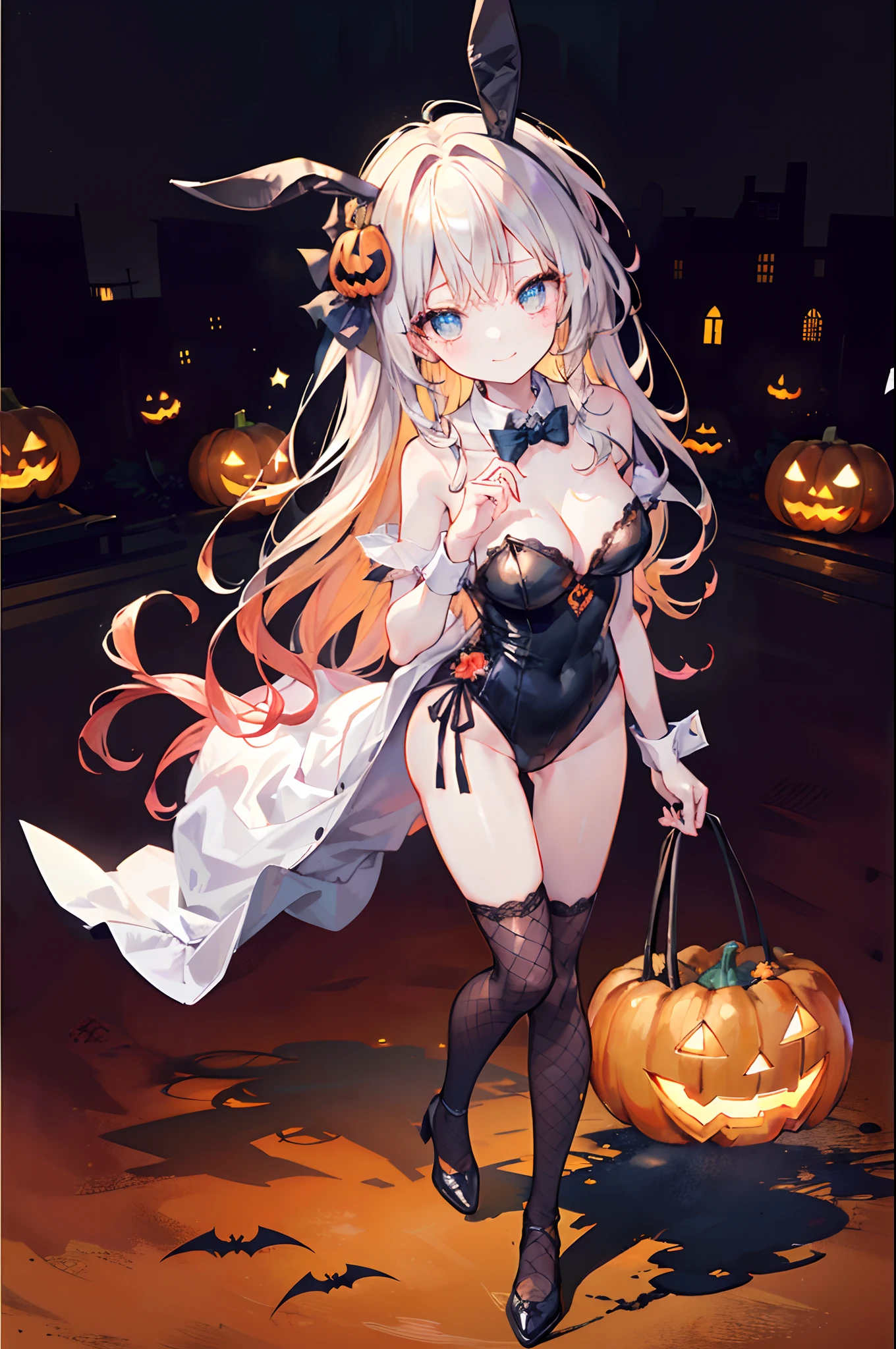 (Official art、Best Quality、Unity 8k Wallpapers、32K、masterpiece、ultra-detailliert、超A high resolution、realisitic、Photorealsitic:1.2)、(Cinematic lighting:1.2)、Fireglow effect、film grains、Best Shadows、(Ultra-detailed and complex 3D rendering)、Detailed beautiful face and eyes、Realistic pupils、Sharp pupils、A slender、Medium bust、(Full body:1.2)、side lights、 Highly detailed background、(super detailed skin、detailed skin textures:1.3)、(Close-up of a group of carved pumpkins in the park, jack-o-lanterns, Pumpkin glowing under the tree, Halloween atmosphere, Halloween Scene, jack - o'- lantern, pumpkins, Evil spirits walk around with lanterns, halloween celebration, Halloween, Spooky and scary atmosphere, halloween theme, Halloween Decorations, halloween night, shutterstock, trick or treat, edited、Very colorful、Vivid Color)、shinny skin、 20-year-old beauty、Beautiful wavy platinum blonde hair、 Blue eyes、beauitful face、Playboy Bunny Girl、High-cut leotards、a bow tie、Cuffs、Wearing fishnet stockings、Black rabbit ears、Ghost pumpkin hair ornament、With a rabbit tail in the ass,,,,,,、Holding a haunted pumpkin in both hands、Bring your arms forward、(Happy expression on face、Self-satisfied smile:1.2)、dynamicposes