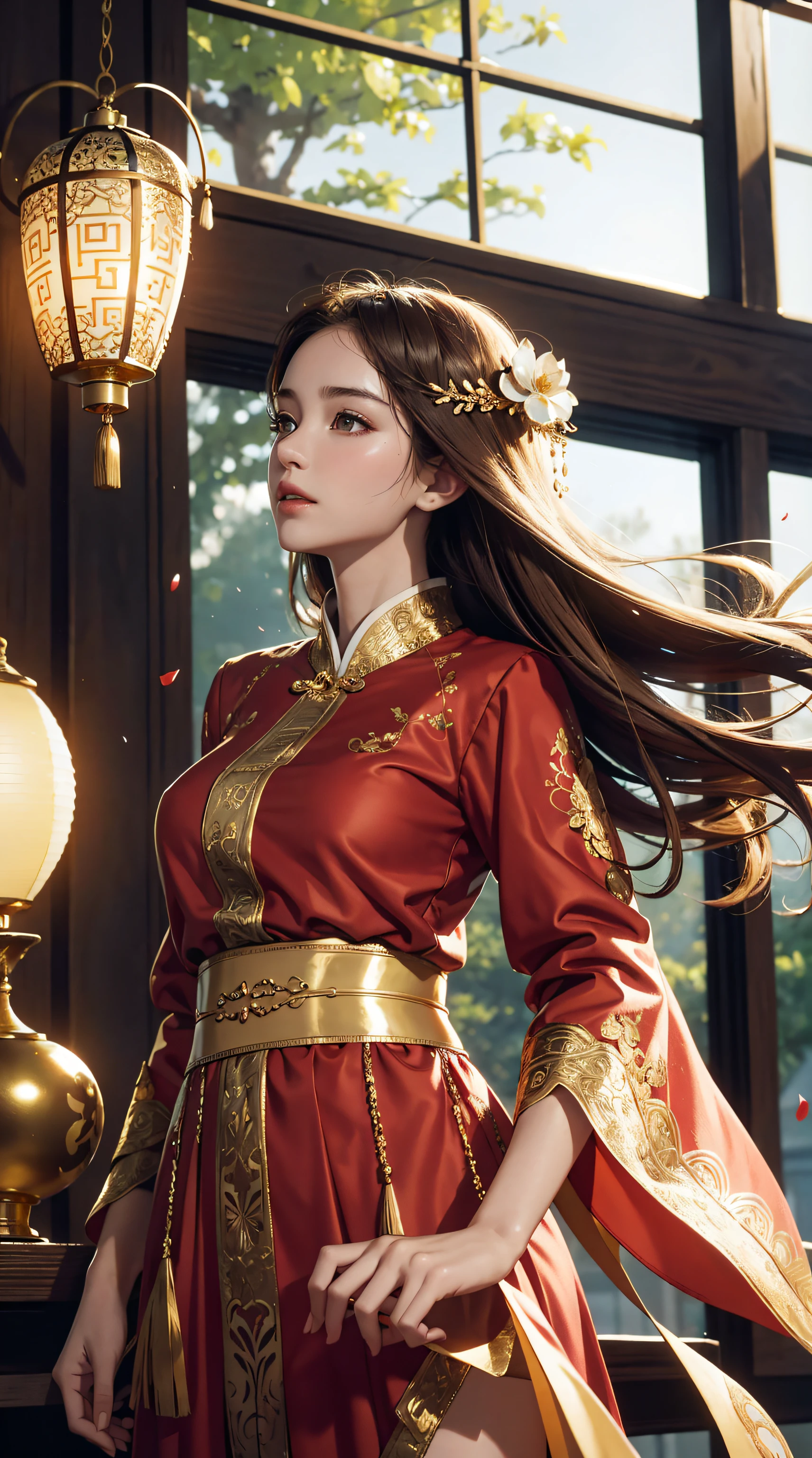 best quality, masterpiece, mackerel, (Exquisite Body:1.5),gorgeous face,(Milky skin:1.3),intricate details,high resolution,wallpaper,
1 woman, alone, dress, headdress, (((gold and red dress))), flowers, long hair, brown hair, closed mouth, bijouterie, long sleeves, hand up, wide sleeves, big eyes,floating hair, chinese clothes, Hanfu, embroidery, long skirt, Natural Pose, falling petals, inside,fanning, candela,
16,000,HDR,mackerel,depth of field,(film grain:1.1),the book,golden hour,(lens flare),illustration,rainbow color,(color grading:1.5)