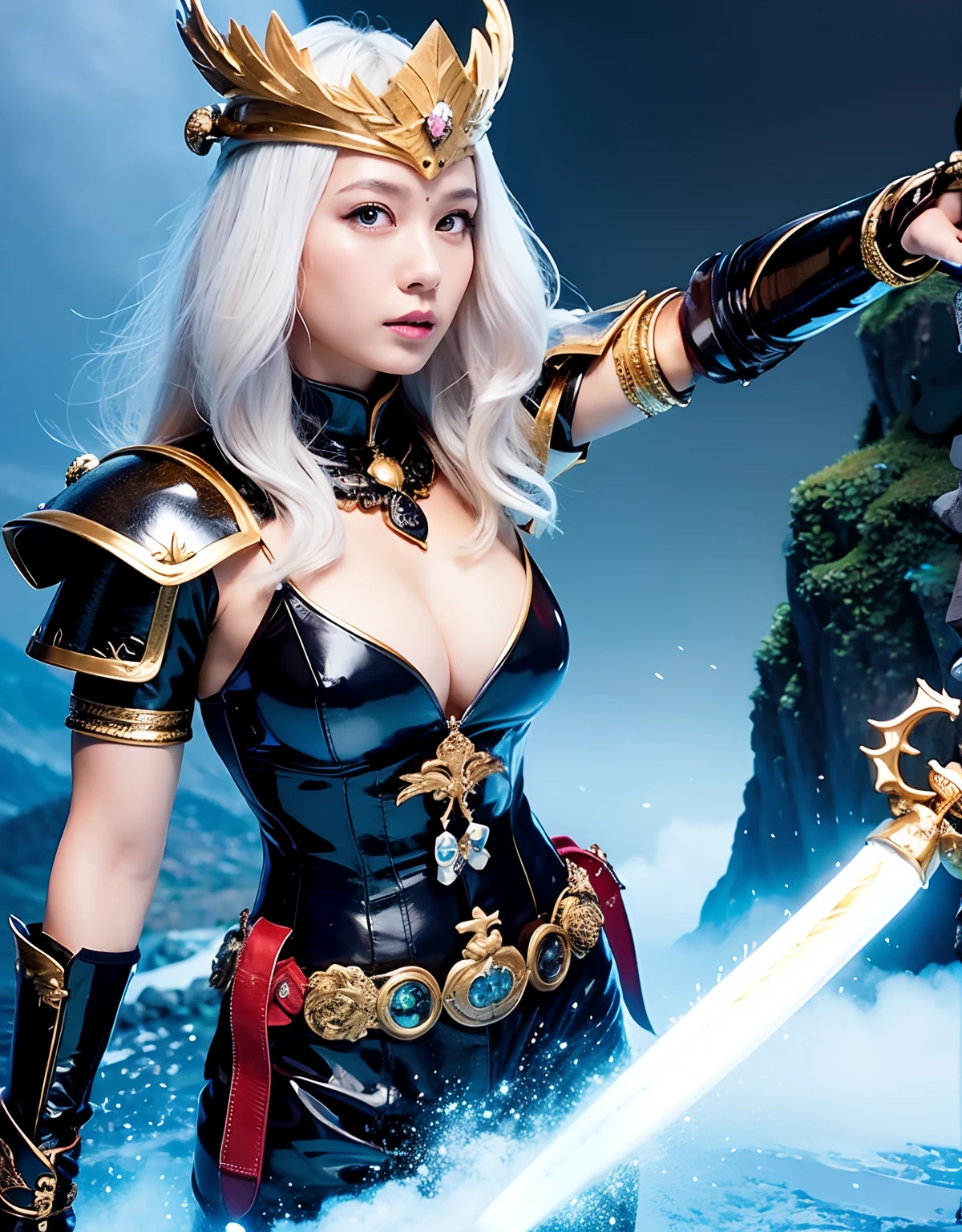 Professional , masterpiece、top-quality、photos realistic , 、top-quality、超A high resolution、(Photorealsitic:1.4)、Raw photo、depth of fields (Gemstone Gold Metal Body:1.9),(Matte White、Toostock、cleavage of the breast、(cleavage of the breast)、(Detailed Dragon Armor)、(Have the strongest weapon)、((Random Hairstyles 1.6),Dark Fantasy,)explosions、intense fighting、(Precipitous cliffs),Dragon Gold Weapon,Mystical expression、Particles of light、Fight dragons、(Detailed Dragon Helmet),Gorgeous Silver Weapons ,(( Dragon's dense and gorgeous sword)) , Beautiful knife ,warhammer 40k ,Detail and gorgeous crown、((Blue hair))、(Castle background)、、((Gangle's forest background))、Beautiful Caucasian beauty、1a person、dynamic ungle,((()))、Smaller head、A smile、Castle background、Thin and beautiful female hands、cleavage of the breast、Soldier in iron armor on background、Mystical expression、Light Effects、intense fighting、Wind-effect、magic circles、With the legendary magic wand、(demonic wings)、Toostock、