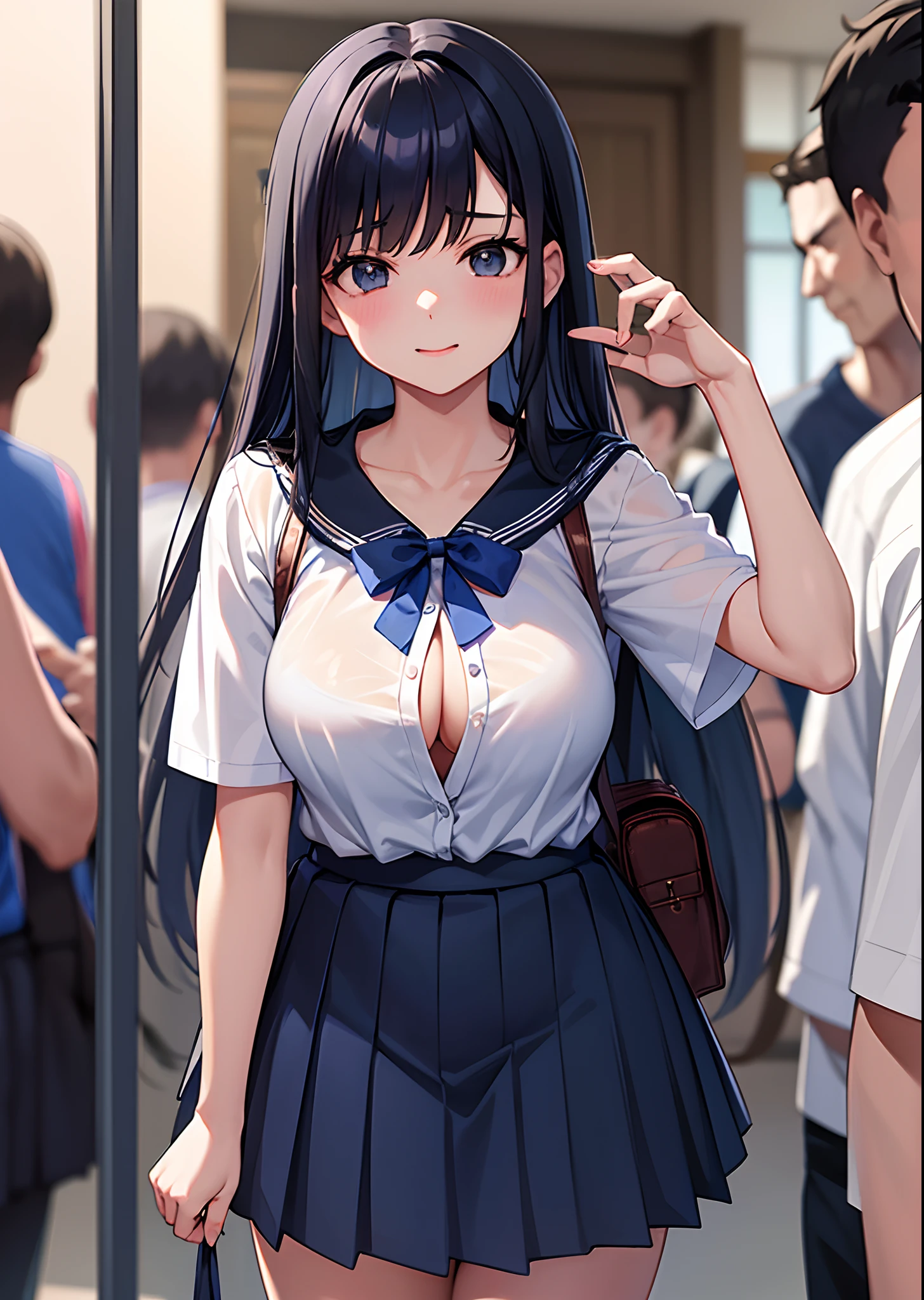 Trem lotado、High school girl with bluish black hair standing happily、tits out、cleavage of the breast、teats、White short-sleeved shirt is sheer、Kamimei、Short navy blue pleated skirt、bow ribbon、Futomo、perspiring、Surrounded by a crowd of middle-aged men、s ass、low angles