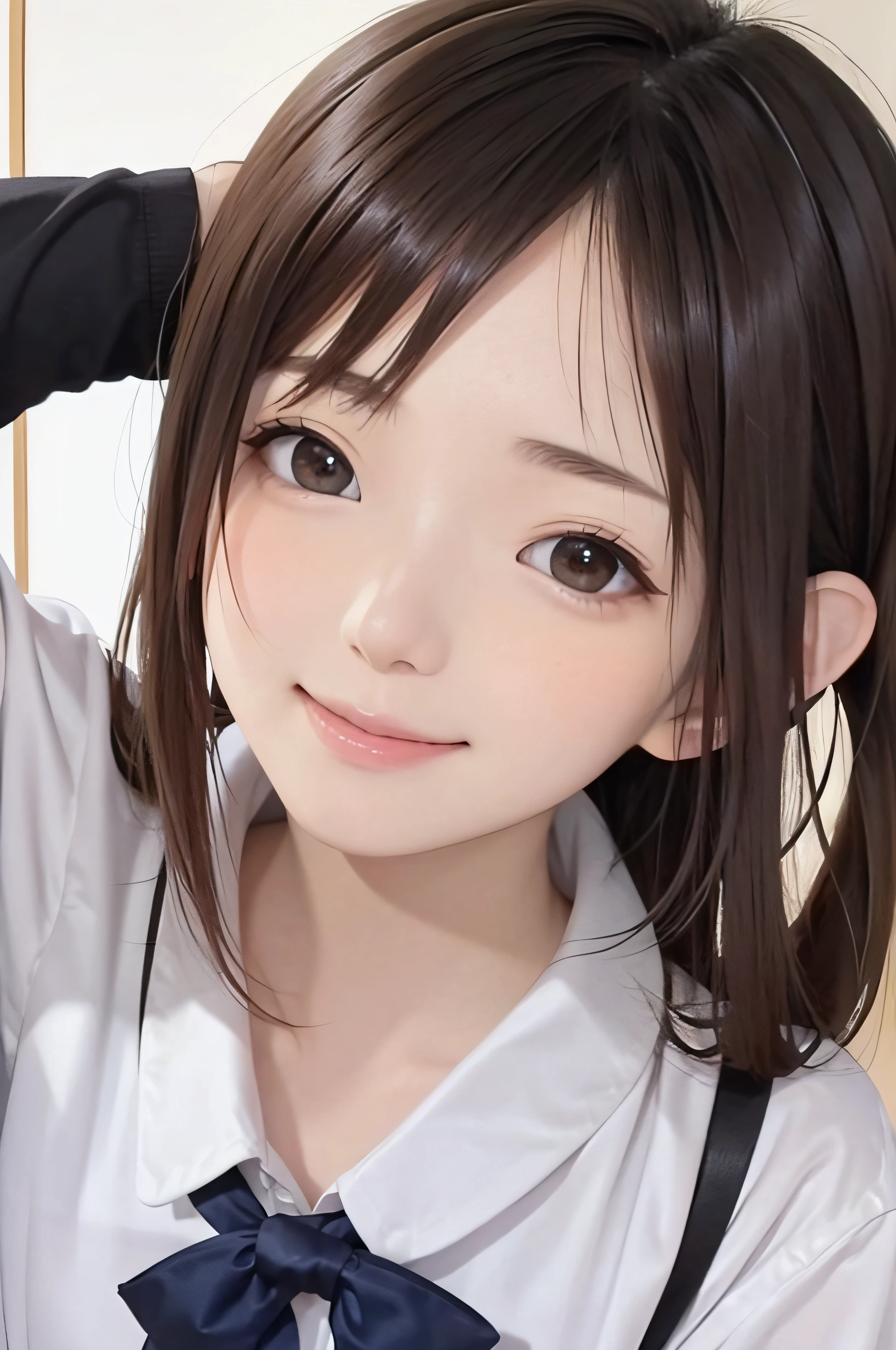(Background white、White background、The background is all white)、、brown haired、beautidful eyes、real looking skin、hi-school girl、a sailor suit、small tits、(8K、masterpiece)、(reallistic、Photorealsitic)、top-quality、ighly detailed、The ultra-detailliert、Beautie、cute little、japanes、Idol、a smile、ssmile、Close-up portrait、Healthy face
