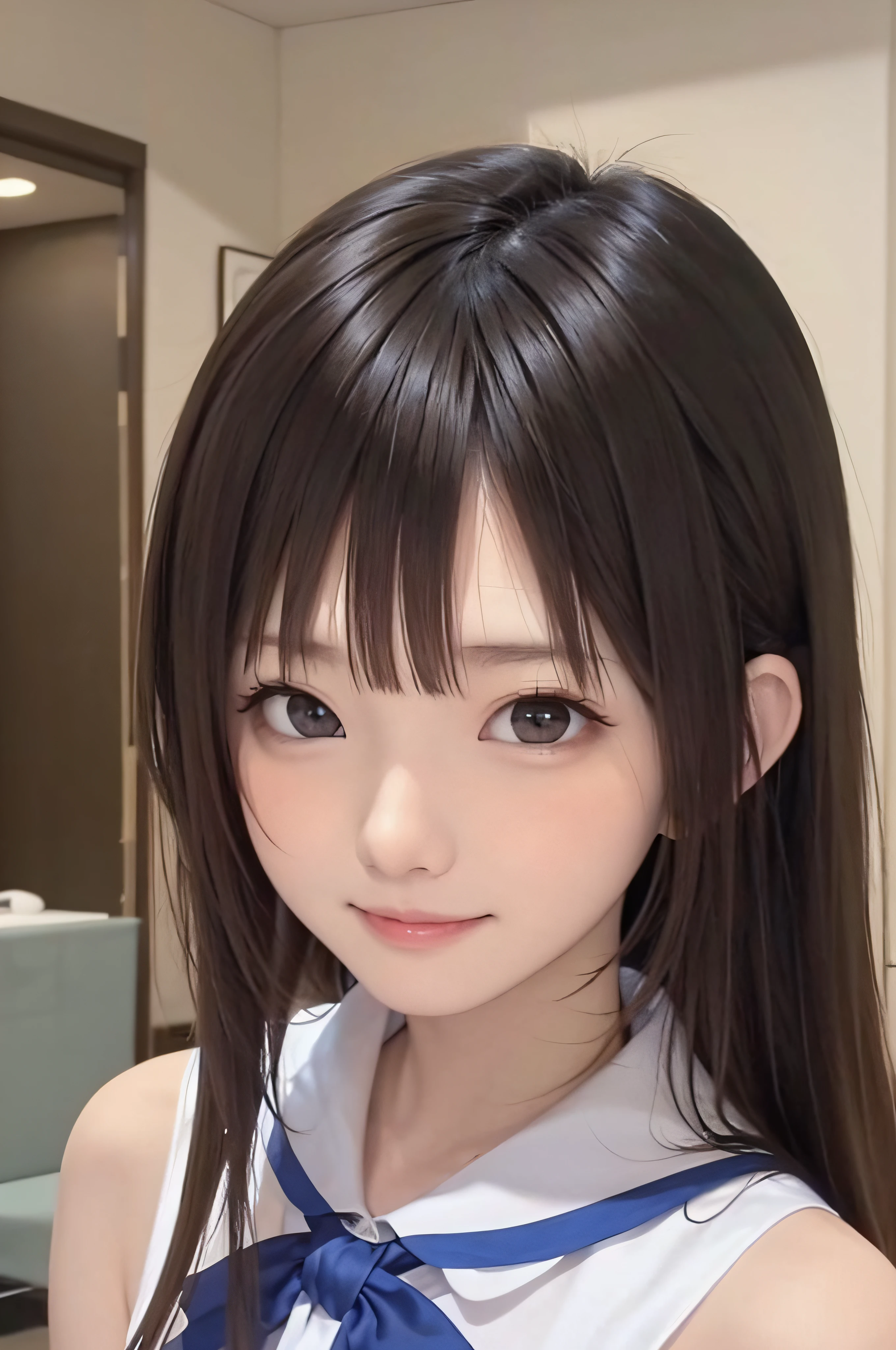 (Background white、White background、The background is all white)、17 age、brown haired、beautidful eyes、real looking skin、hi-school girl、a sailor suit、small tits、(8K、masterpiece)、(reallistic、Photorealsitic)、top-quality、ighly detailed、The ultra-detailliert、Beautie、cute little、japanes、Idol、a smile、ssmile、Close-up portrait、Healthy face
