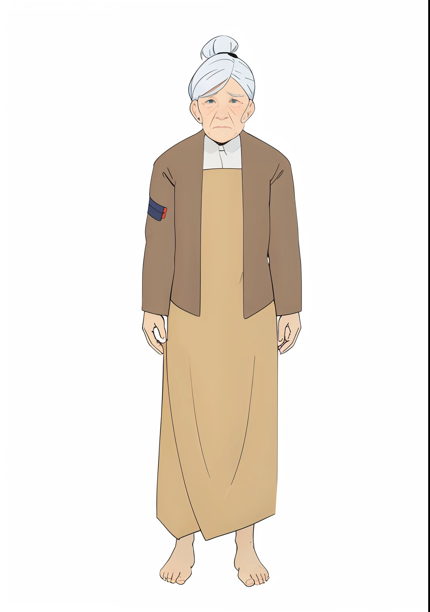 An old woman wearing brown blouse clothes and a brown long-sleeved vest, clothes only up to the chest not up to the neck, white hair and tied up, wrinkled face with a sad expression, flat-chested, not wearing a suit, not wearing a tie, not wearing footwear, thin, rendered in 3d style, octane render, 3d cartoon, with ancient style, slave style of clothing, medieval style of clothing, white background,