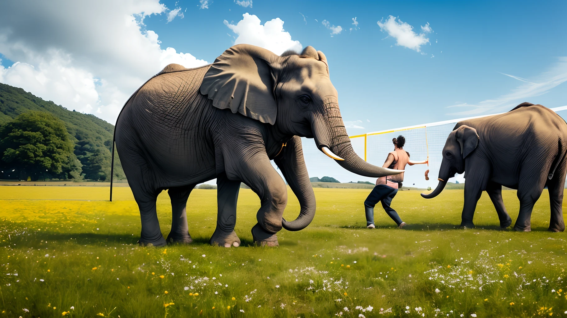 A green elephant in a meadow with people, die Volleyball spielen