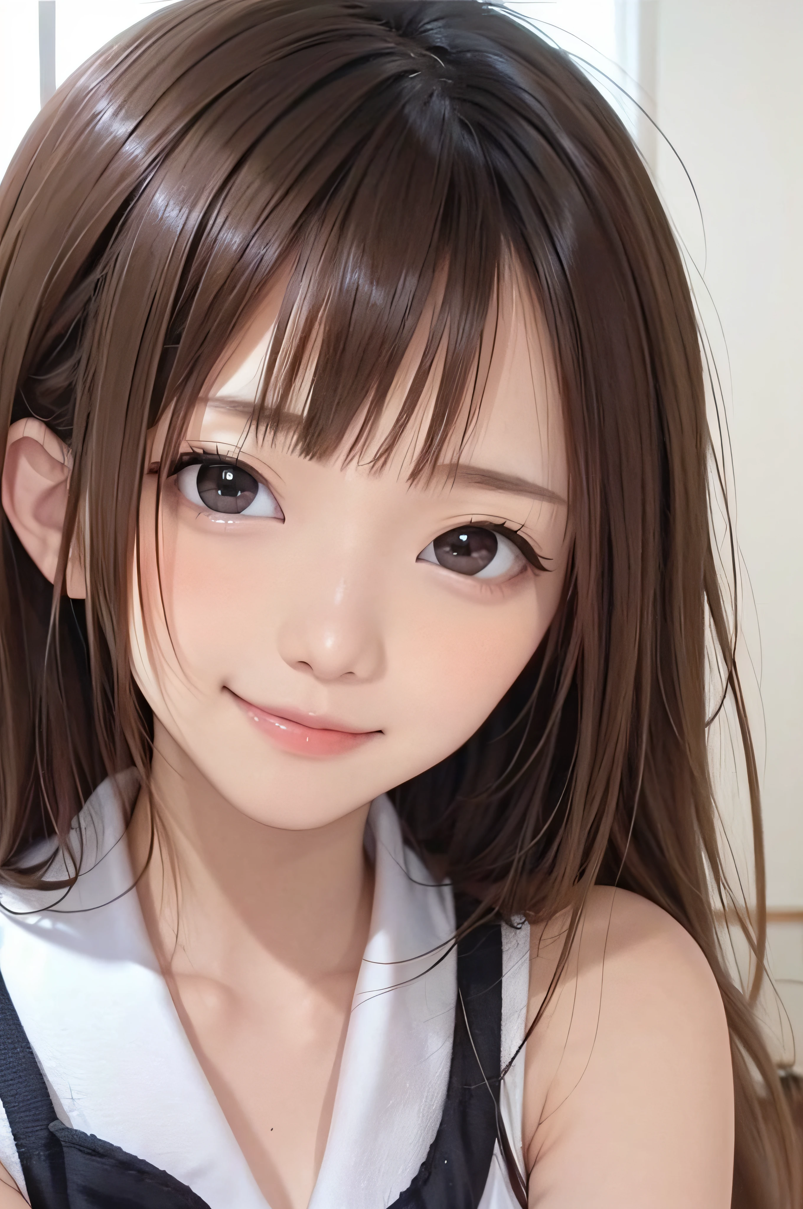 14years、brown haired、beautidful eyes、real looking skin、hi-school girl、small tits、(8K、masterpiece)、(reallistic、Photorealsitic)、top-quality、ighly detailed、The ultra-detailliert、Beautie、cute little、japanes、idol、a smile、Close-up portrait、Healthy face、Realistic pupils