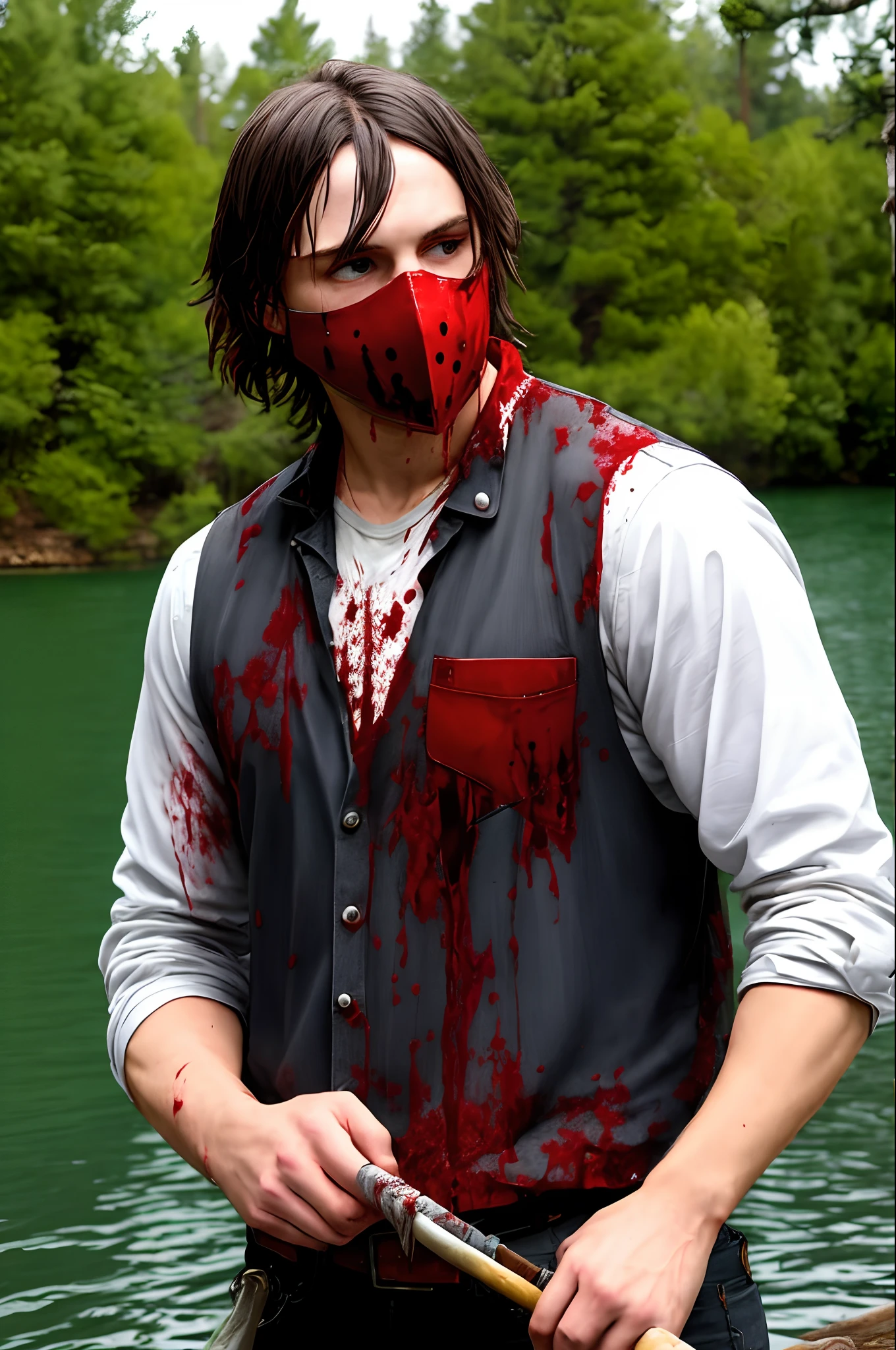 Jon Moxley covered in blood holding Jason Voorhees' mask by a lake