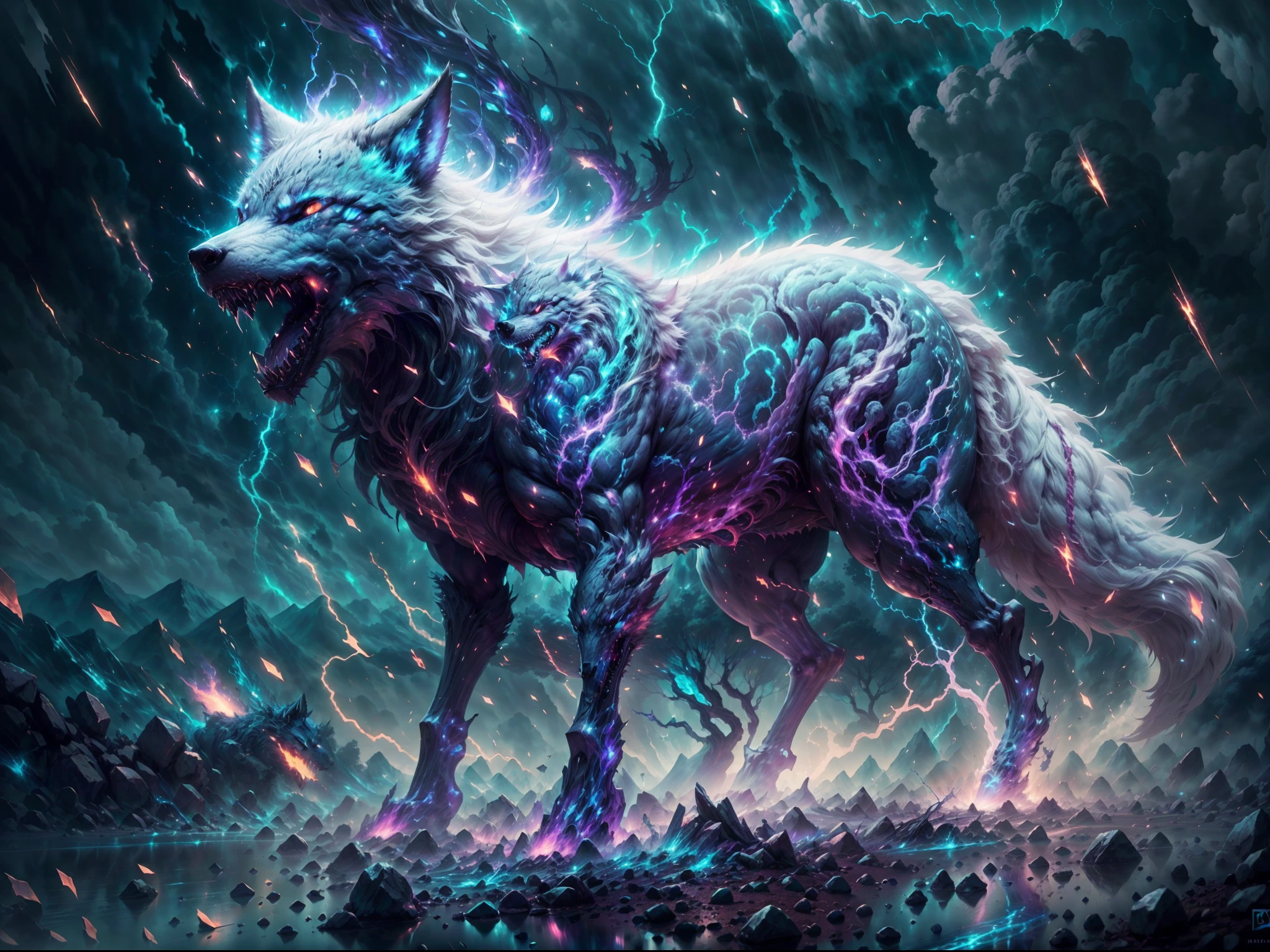 A mythical wolf, white azure fur cover body, deer horn, thunderstorm wolf, lightning magic run through body, sharp teeth and claws, standing on 4 legs, energy aura, dark ray,Detailed,Realistic,4k highly detailed digital art,octane render, bioluminescence ,8K resolution concept art, realism,by Mappa studios,masterpiece,best quality,official art,illustration,ligne claire,(cool_color),perfect composition,absurdres, fantasy,focused,rule of third