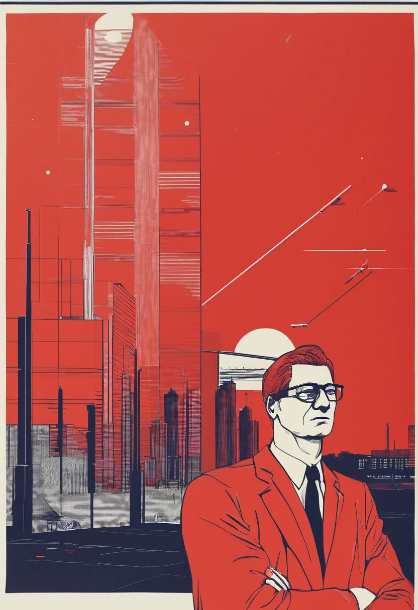 Scientists in science coats turn their backs to us,looking at the stars,hard core,Technologie,Red monochrome,USSR Poster,urss,Communism