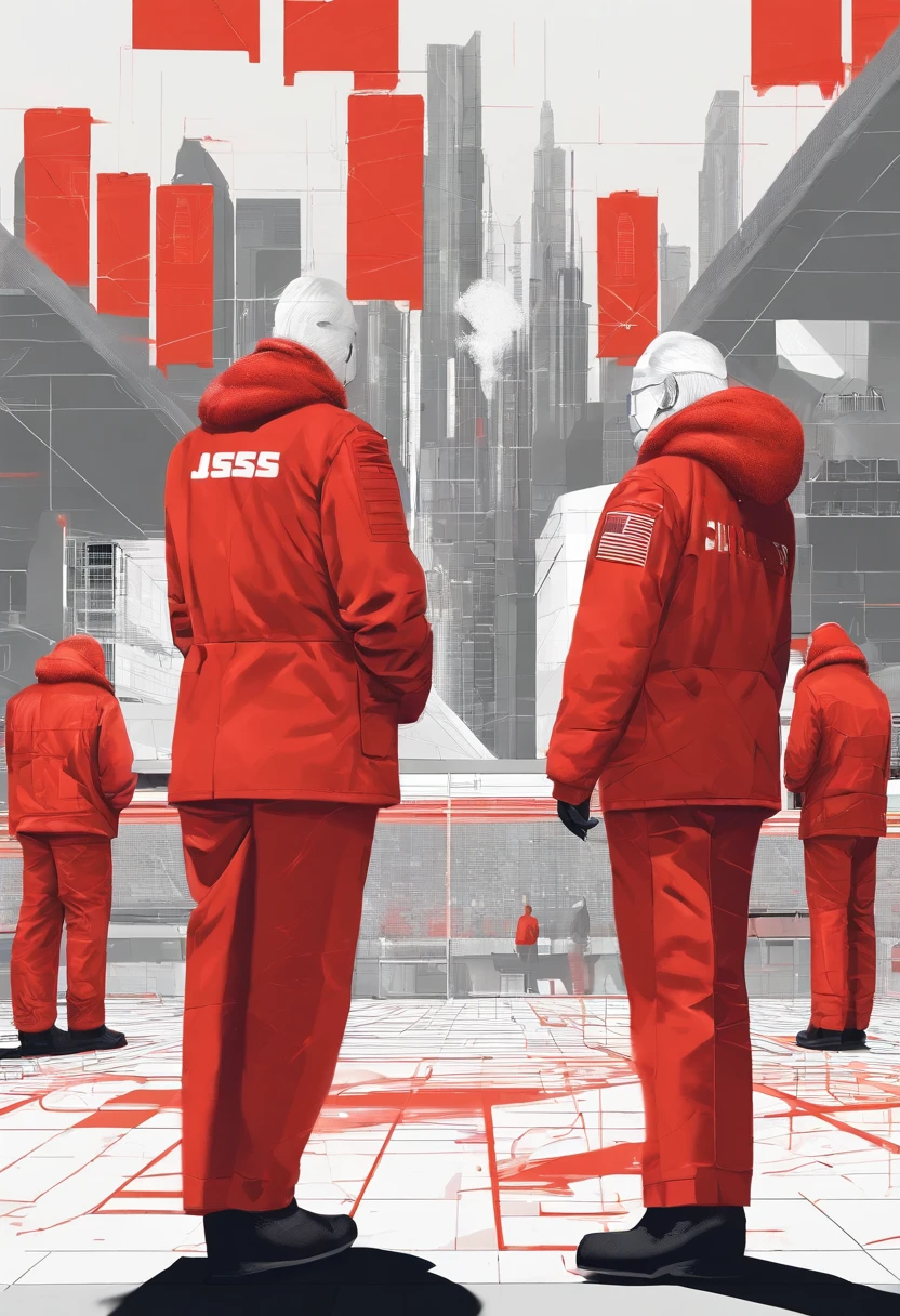 Scientists in science coats turn their backs to us,looking at the stars,hard core,Technologie,Red monochrome,USSR Poster,urss,Communism