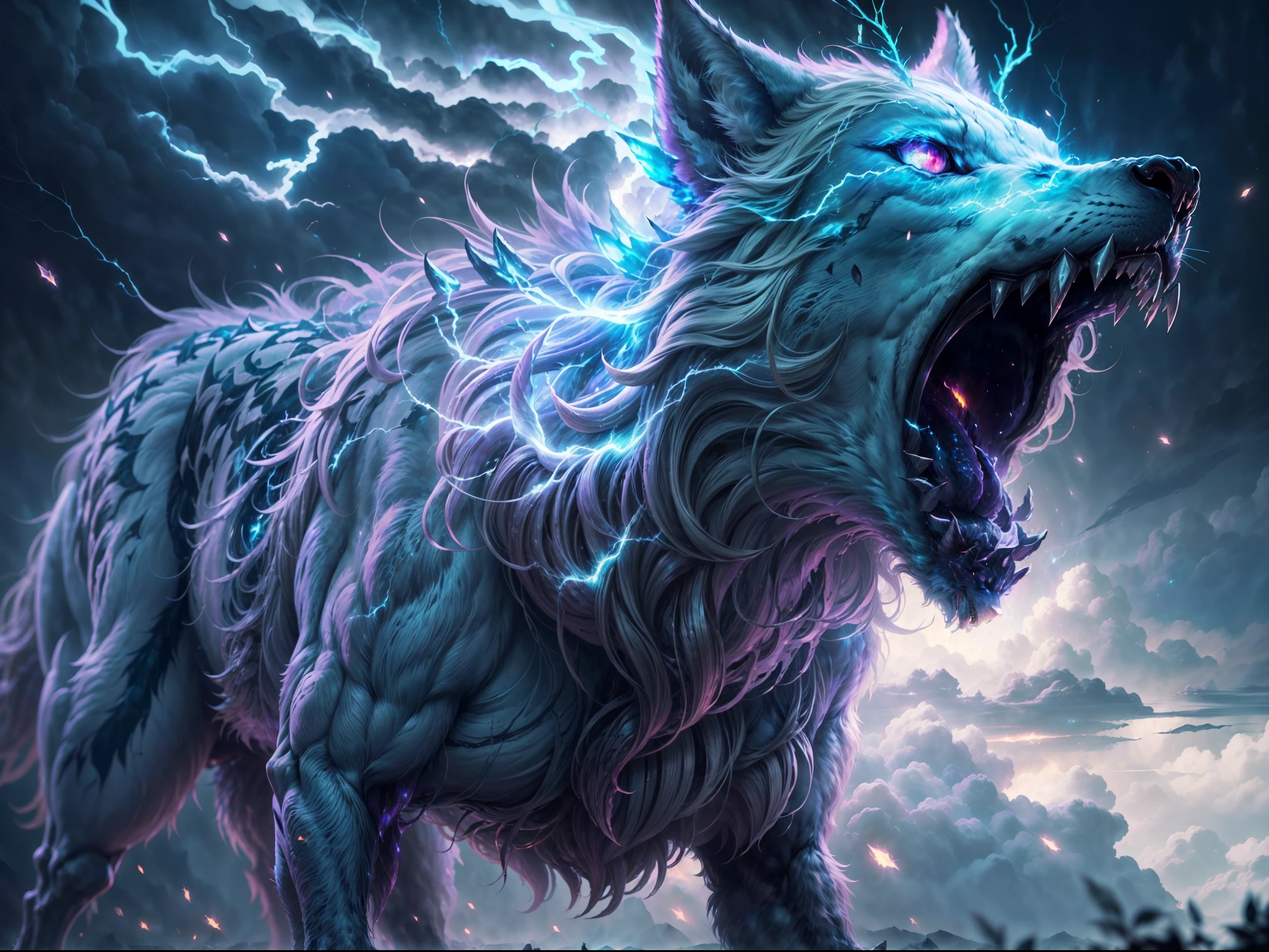 score_9, score_8_up, score_7_up, (1wolf), (sfw), detail eyes, HD32k, very detailed, amazing quality, intricate, cinematic light, highly detail, surreal, dramatic, realistic, galaxy fantasy colors.  A stunning and dynamic illustration of a lightning wolf. The wolf is a majestic and powerful creature, with sleek, silver fur that crackles with electric energy. armored. Its eyes glow with an intense, electric blue light, and arcs of lightning dance around its body. The wolf's stance is both fierce and elegant, capturing the essence of a predator infused with elemental power.
The background is a stormy landscape, with dark clouds swirling above and bolts of lightning striking down, illuminating the scene with bright, jagged flashes. The ground beneath the wolf is scorched and crackling with residual electricity, creating an atmosphere of raw, untamed power. The overall mood is intense and awe-inspiring, showcasing the majestic and fearsome nature of the lightning wolf amidst the fury of the storm.