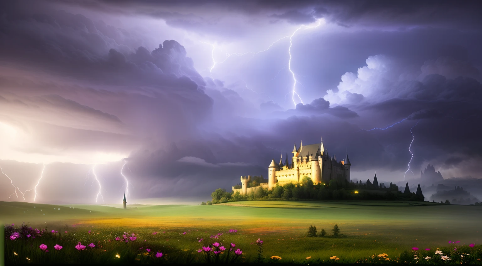 lightning strikes over a castle in a field with trees and flowers, dramatic matte painting, high quality matte painting, majestic matte painting, fantasy matte painting, detailed lighting and thunder, dreamy matte painting, fantasy atmospheric lighting, by Darek Zabrocki, a beuatiful matte painting, surreal matte painting, extravagant matte painting, digital matte painting, stunning matte painting