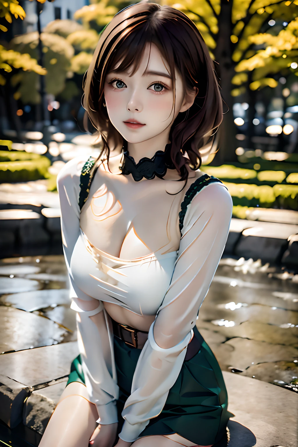 1girl in, 19, Solo, Aesthetic artwork, Irish Redhead, wavy ginger hair, shoulder-length ginger hair, Gray eyes, Light gray eyes, a few small freckles, pale skin, A-cup, Small breasts, Runner's Body, Detailed skin texture, Sitting on a stone bench, City Fountain, Downtown, Park, (Very detailed 8k wallpaper), Soft lighting, High quality, Film grain, Fujifilm XT3 sharp focus, F 5.6, 50 millimeters, high detailing, Sharp Focus,(Natural light), Black Long Sleeve Crop Top, Light Green Khaki Pants, Brown utility belt, Kim Possible Costume, crazy detail details, intricate-detail, Hyper Detailed