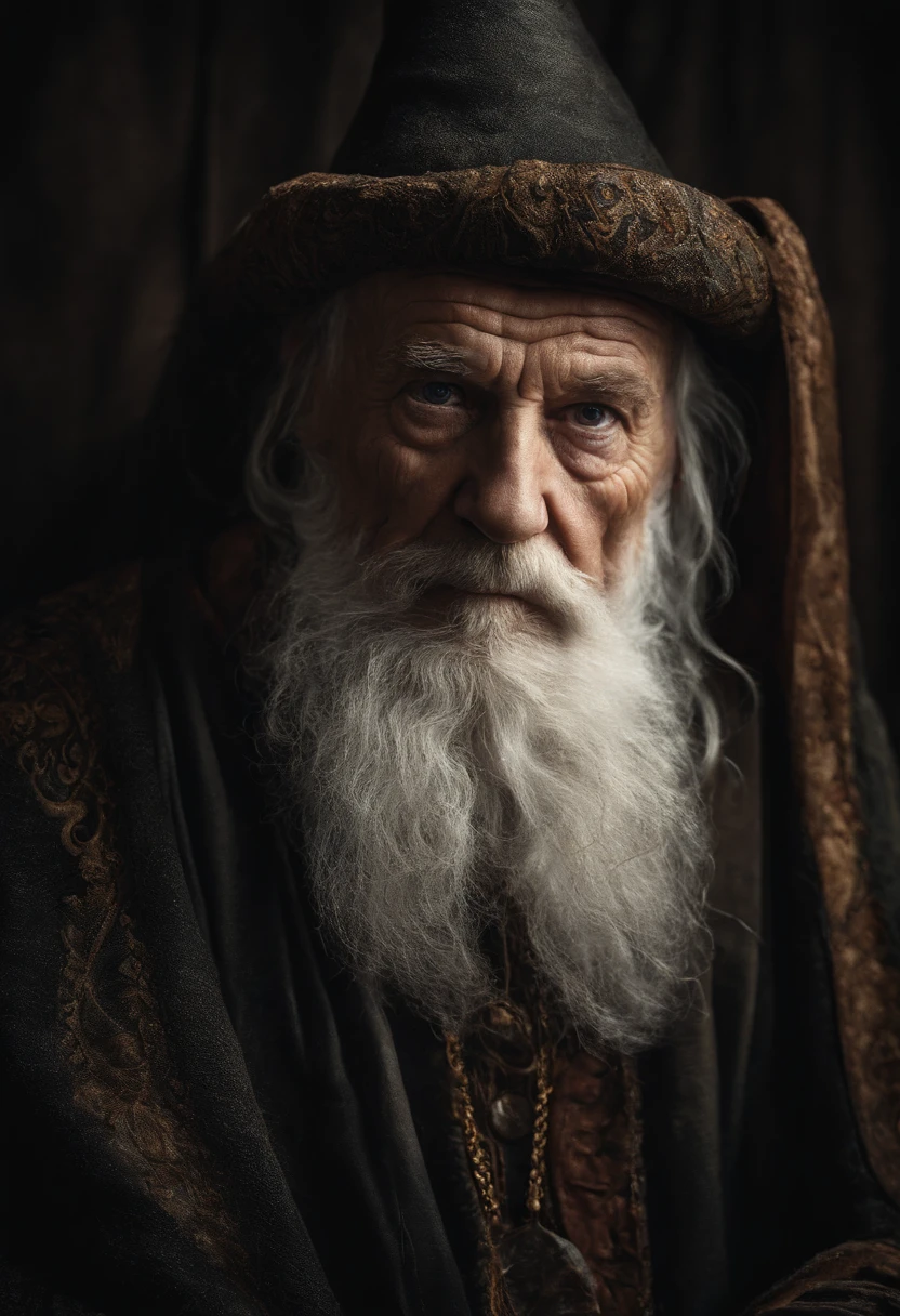 A portrait of a wizard, barbu, wrinkled, elderly, with piercing eyes, Detailed face, High Details, photographie, Studio sombre, rimlight, Nikon D850, 50 mm, f/1.4