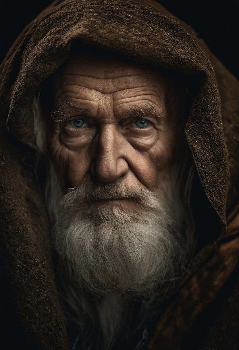 A portrait of a wizard, barbu, wrinkled, elderly, with piercing eyes, Detailed face, High Details, photographie, Studio sombre, rimlight, Nikon D850, 50 mm, f/1.4