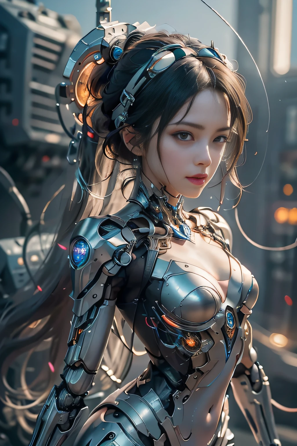(((Masterpiece))), (((Best quality))), ((Ultra-detailed)), (Highly detailed CG illustration), ((An extremely delicate and beautiful)),Cinematic light,((1 mechanical girl)),Solo,(machine made joints:1.2),((Mechanical limb)), ((mechanical cervial attaching to neck)),(wires and cables attaching to neck:1.2),(wires and cables on head:1.2)(Character focus),Science fiction, extreme detailed details,highest details, Realistic, dunhuang, flowy, Colorful, (Long mechanical legs), full bodyesbian, Pink mech