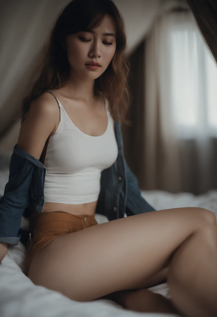 ((pantyshot:1.5)) ((Big breasts:1.3)) ((on the bed:1.2)) ((Sleeping:1.2)) ((Denim shorts:1.2)) ((close-up:1.2)) ((flat stomach:1.2)) Best Quality,masutepiece,超A high resolution,(Photorealistic:1.4),Raw photo,(Authentic skin texture:1.3),(Film grain:1.3),the panorama,Character Portrait,Very Wide Shot,Narrow waist,Cowboy Shot,(In the Dark, deepshadow, lowkey, cold light,) Night,(()),Streaming Tears,,Dust,Tindall Effect,(expression),1girl in,beautiful detailed eyes and face,White Jabot,Brown eyes,((White tank top:1.3)) ((Stylish bedroom:1.4)) ((Brown hair:1.2)) ((Long hair))　((Half French and half Korean:1.3)) ((In my house:1.2)) ((Open legs:1.3))