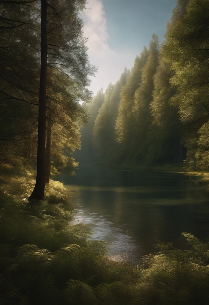 ((High resolution, high quality, realistic)), best quality, high resolution, 8k, realistic, sharp focus, photorealistic, deep dense forest and grass, water, landscape, soft and smooth light, EpicSky, masterpiece color pallete, nature
