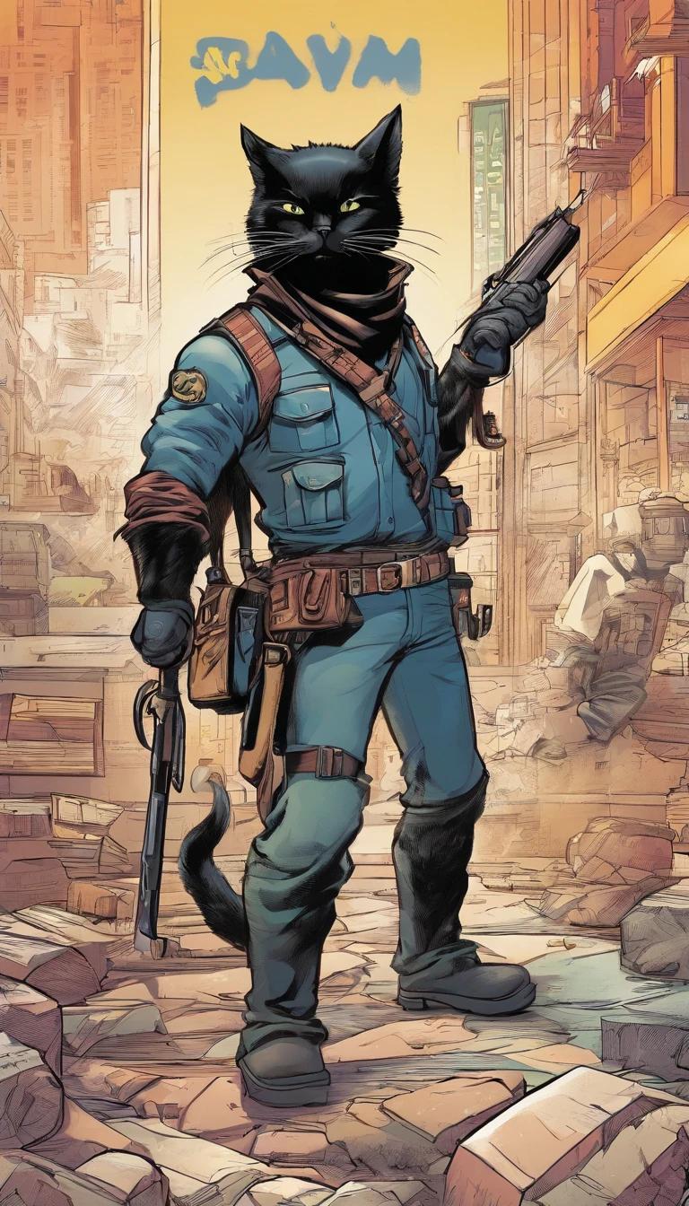 Image of a black cat wearing a hat and scarf, With a shotgun in his paw，trends in art station，Wear punk clothes，Ultra-realistic detailed rendering，Urban style，intimidating pose，planet of cats，fashionable attire，urbansamurai，cat，Wear a work cap，Moving bricks on a construction site