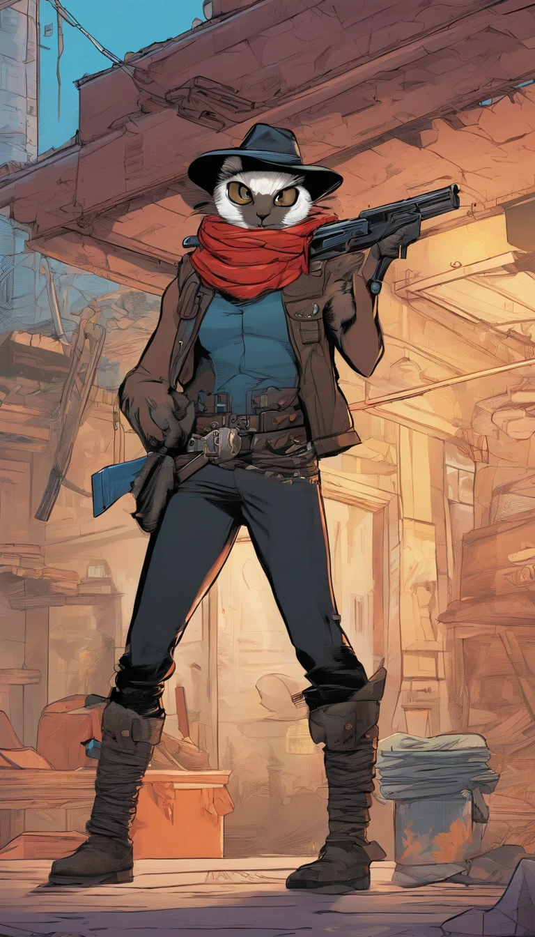 Image of a black cat wearing a hat and scarf, With a shotgun in his paw，trends in art station，Wear punk clothes，Ultra-realistic detailed rendering，Urban style，intimidating pose，planet of cats，fashionable attire，urbansamurai，cat，Wear a work cap，Moving bricks on a construction site