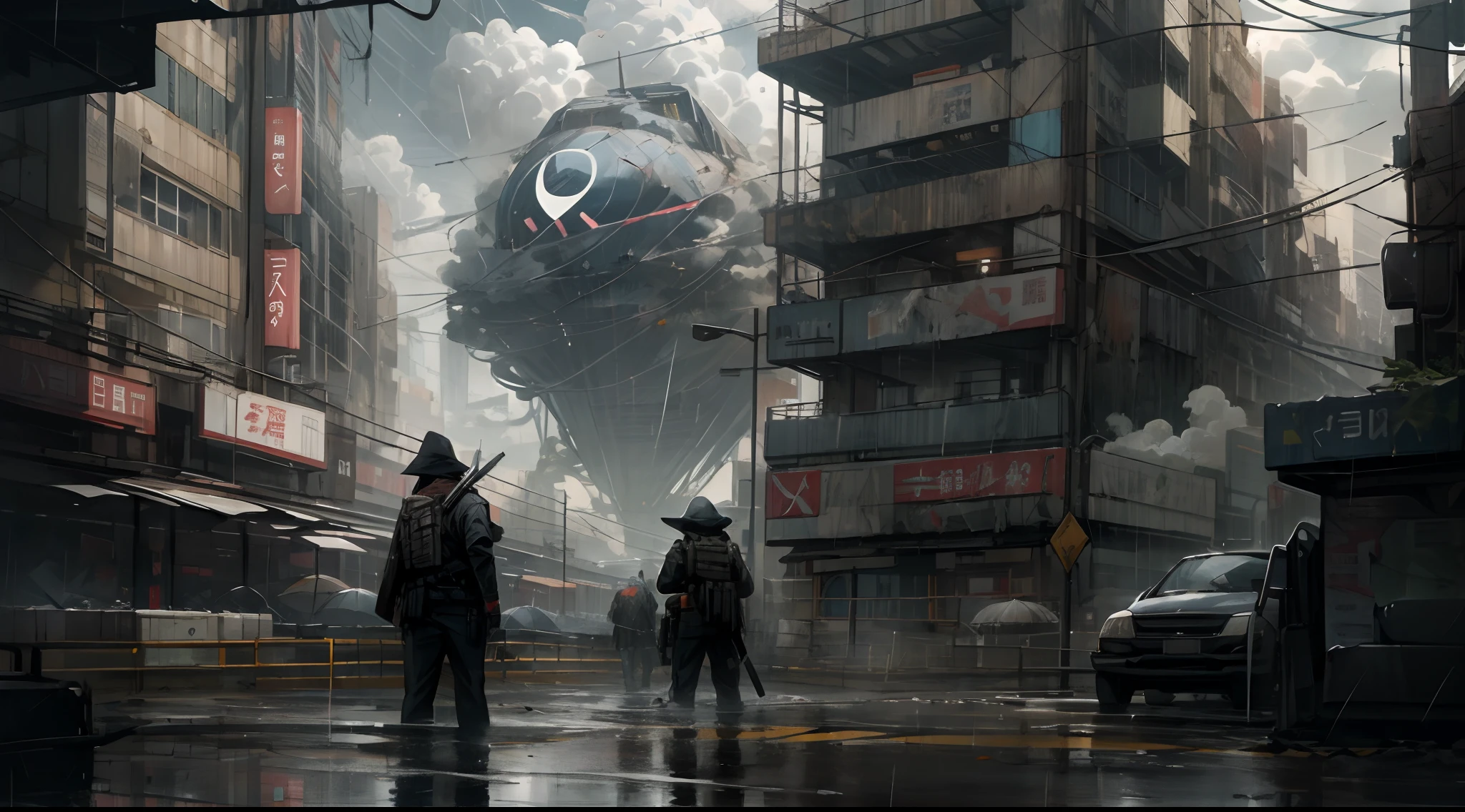 Dystopian, CIA, NSA, MI5, Rouge agent, opposing, distorted, complex, cloudy, rains, cityscape, urban landscape, assassins, spycraft