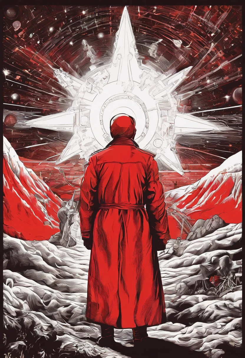 Scientists in science coats turn their backs to us,looking at the stars,hard core,Technologie,Red monochrome,USSR Poster,urss,Communism