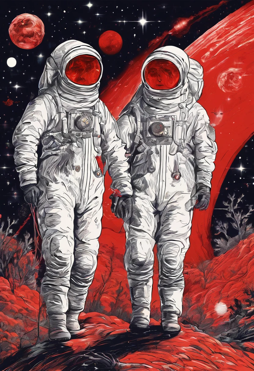 Scientists in science coats turn their backs to us,looking at the stars,hard core,Technologie,Red monochrome,USSR Poster,urss,Communism