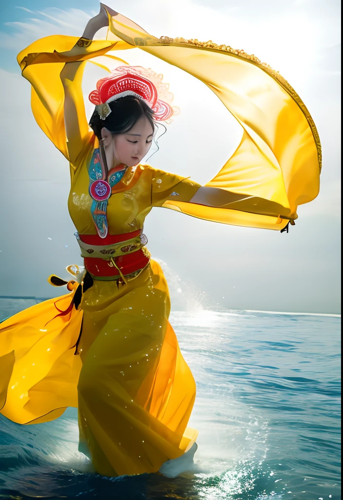 Alafis in a yellow dress dances in the water, inspired by Tang Di, Chinese costume, queen of the sea mu yanling, chinese ribbon dance, Traditional Chinese clothing, Chinese traditional, traditional tai costume, Wearing ancient Chinese clothes, tai costume, inspired by Luo Mu, inspired by Zhao Zuo, Inspired by Lan Ying, Tang dynasty