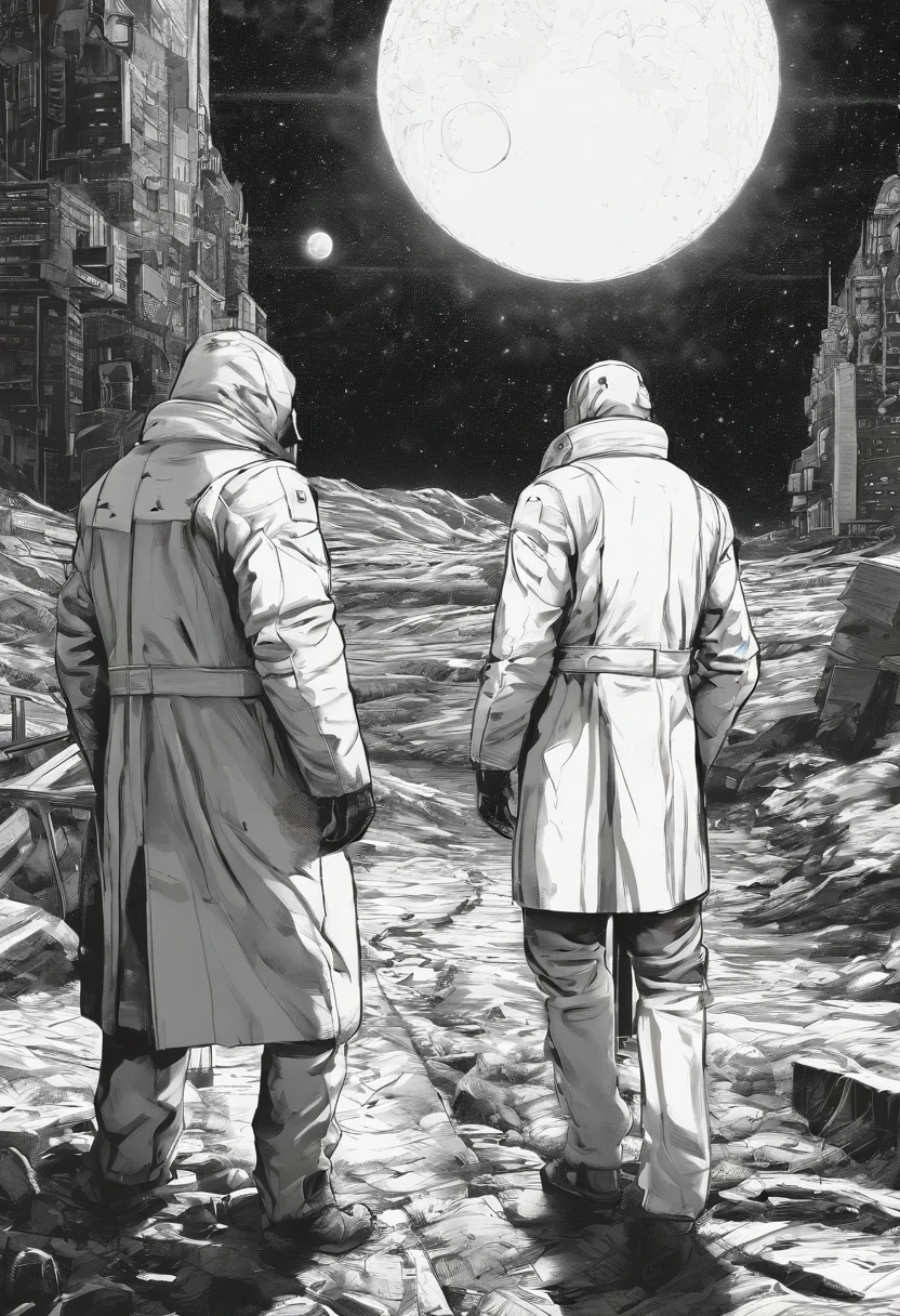 Scientists in science coats turn their backs to us,looking at the stars,hard core,Technologie,Red monochrome,USSR Poster,urss,Communism
