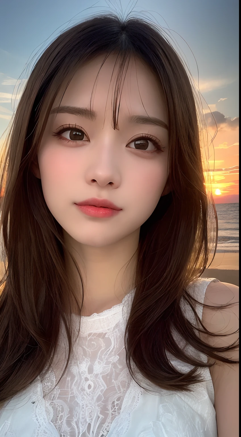 masutepiece, Best Quality, Illustration, Ultra-detailed, finely detail, hight resolution, 8K Wallpaper, Perfect dynamic composition, Beautiful detailed eyes, Wear a dress, Natural Color Lip,Beach, Random and cute poses, Kissing face,Close your eyes,Face Kiss Viewer,Perfect and beautiful face,Cute,Sexy face,Sunset,A face that felt ecstasy,Feminine face,Face climax of excitement after sex