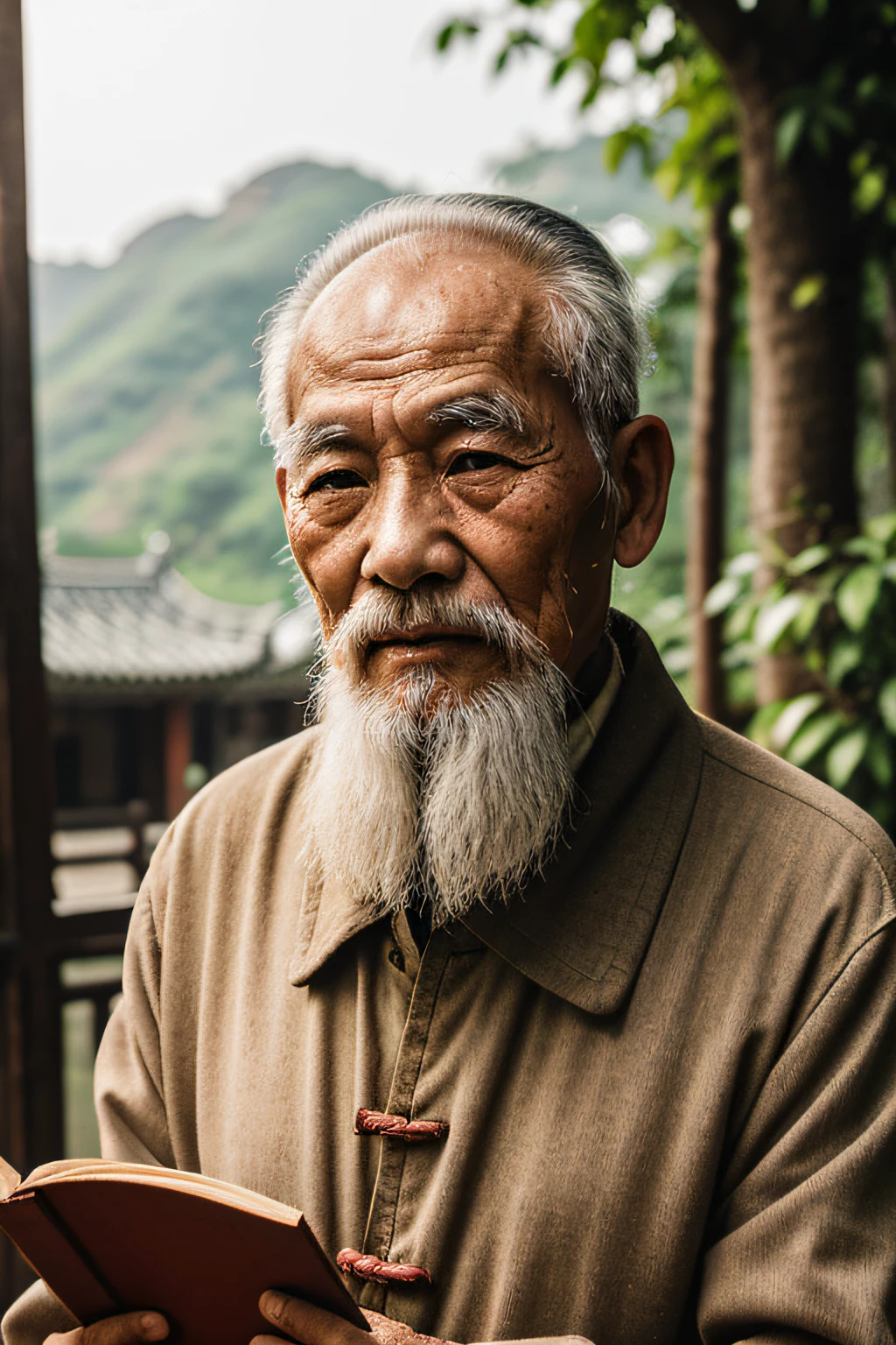 An old man with traditional Chinese thinking，Real frontal photos，Authentic background，The background is nature，holding books，worn-out clothing，Face full of wrinkles，80 years old Chinese medicine practitioner，Wise eyes，The beard is white，male people，country style，Leave the top of your head empty