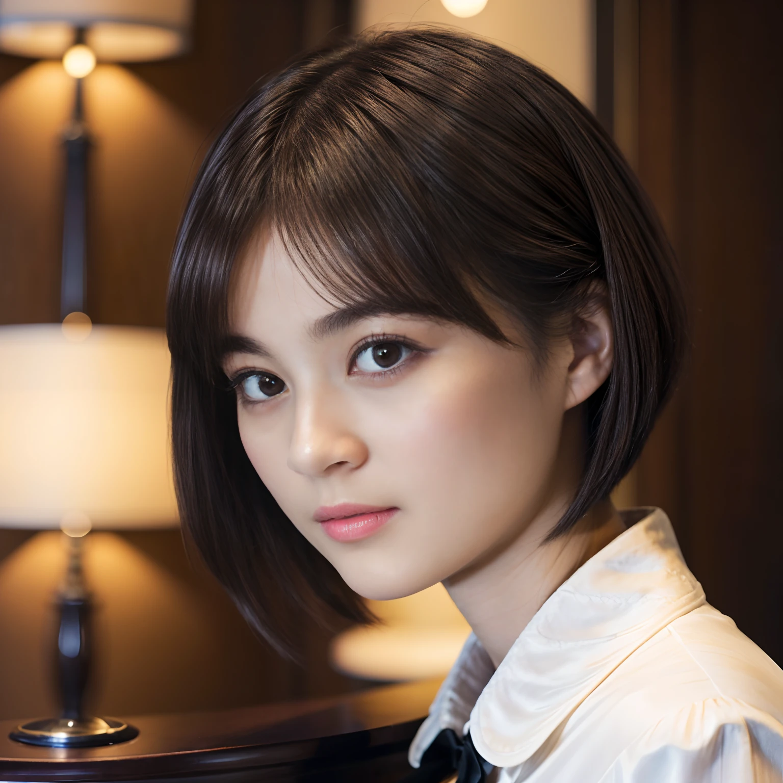 48
(An 18-year-old woman), (A hyper-realistic), (Masterpiece), Short Bob Cut, Concierge at the hotel reception, Gentle expression