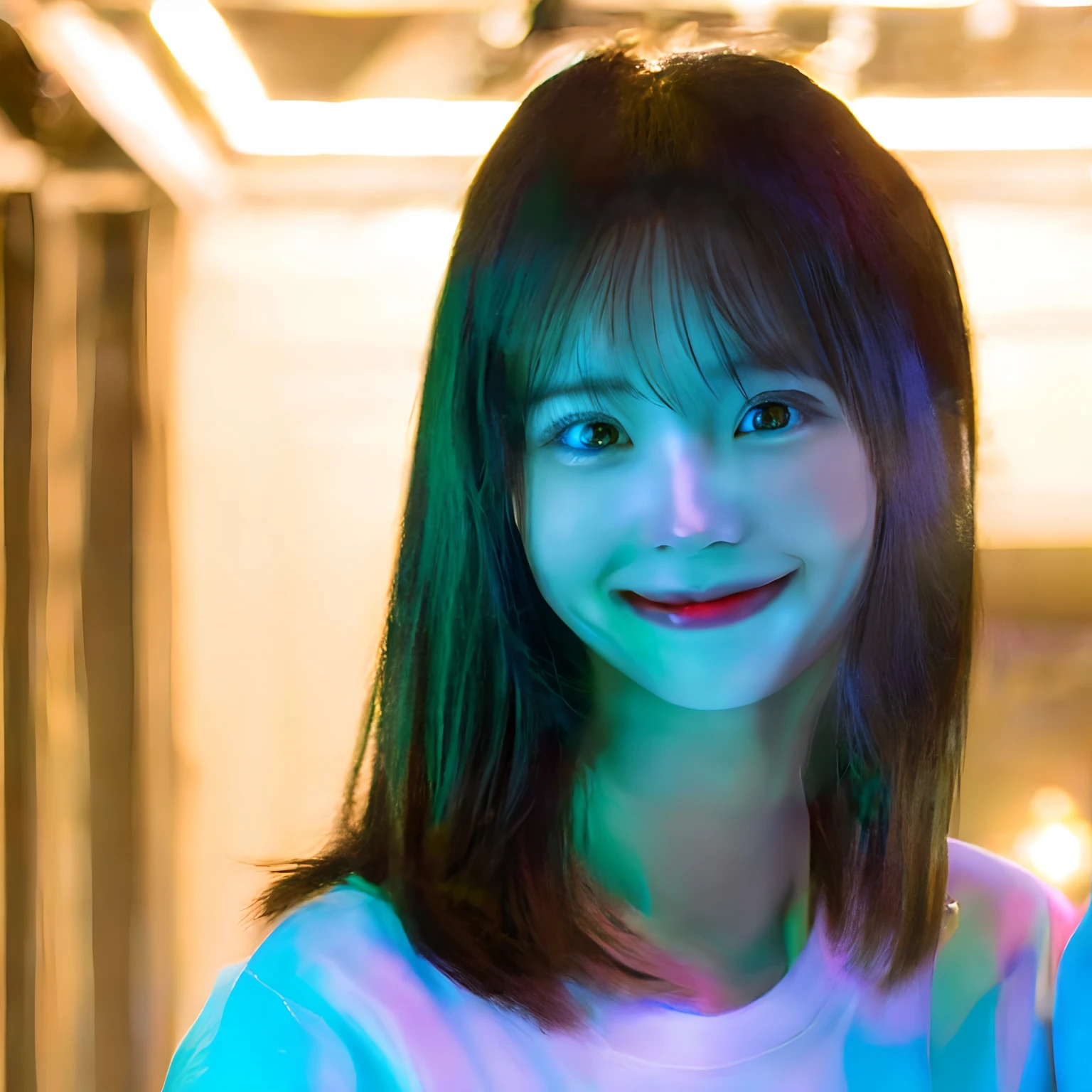 smil,I have bangs、Make your nose and mouth smaller、Narrow forehead、Blue light hits your face、Bigger eyes、In a natural、natural make up、(8k, RAW photo, best quality, masterpiece:1.2), (realistic, photo-realistic:1.4), (extremely detailed 8k wallpaper), sharp focus, depth of field, cinematic lighting, soft light,20 years old cute actress,smile