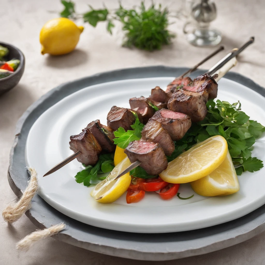 A photograph of an enticing Mediterranean grilled lamb skewer, served with fresh vegetables, lemon, and herbs. Set in an outdoor dining setting, illuminated by natural light.