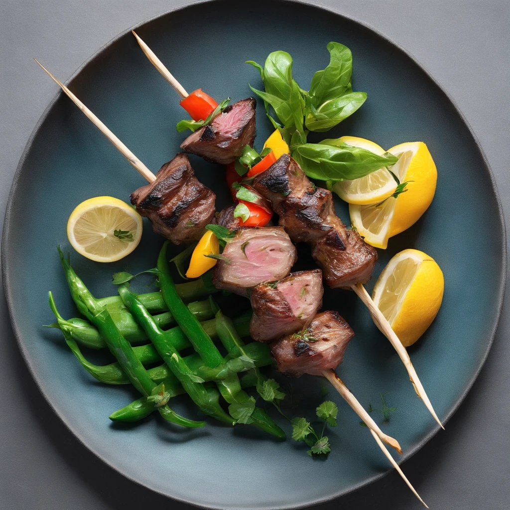 A photograph of an enticing Mediterranean grilled lamb skewer, served with fresh vegetables, lemon, and herbs. Set in an outdoor dining setting, illuminated by natural light.