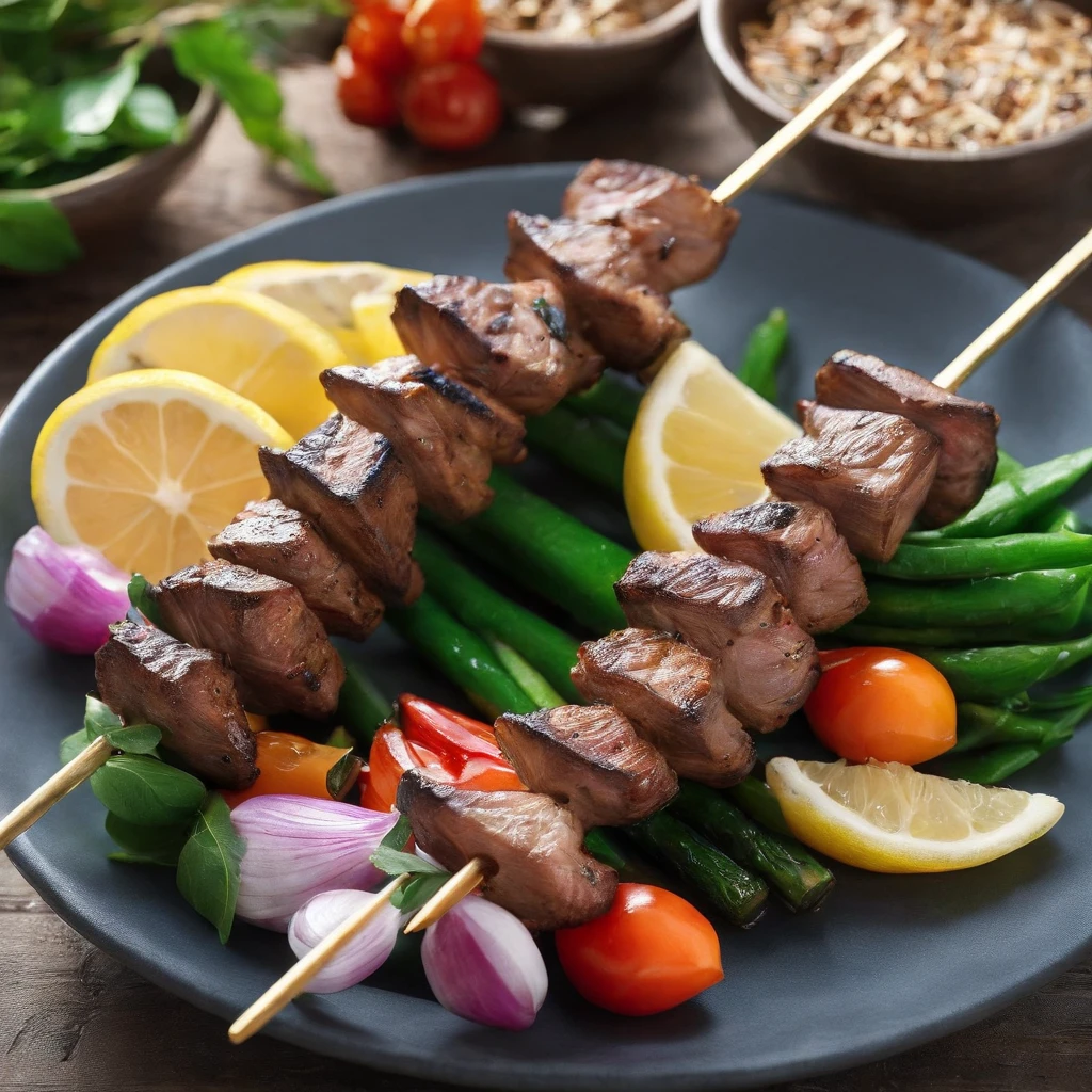 A photograph of an enticing Mediterranean grilled lamb skewer, served with fresh vegetables, lemon, and herbs. Set in an outdoor dining setting, illuminated by natural light.