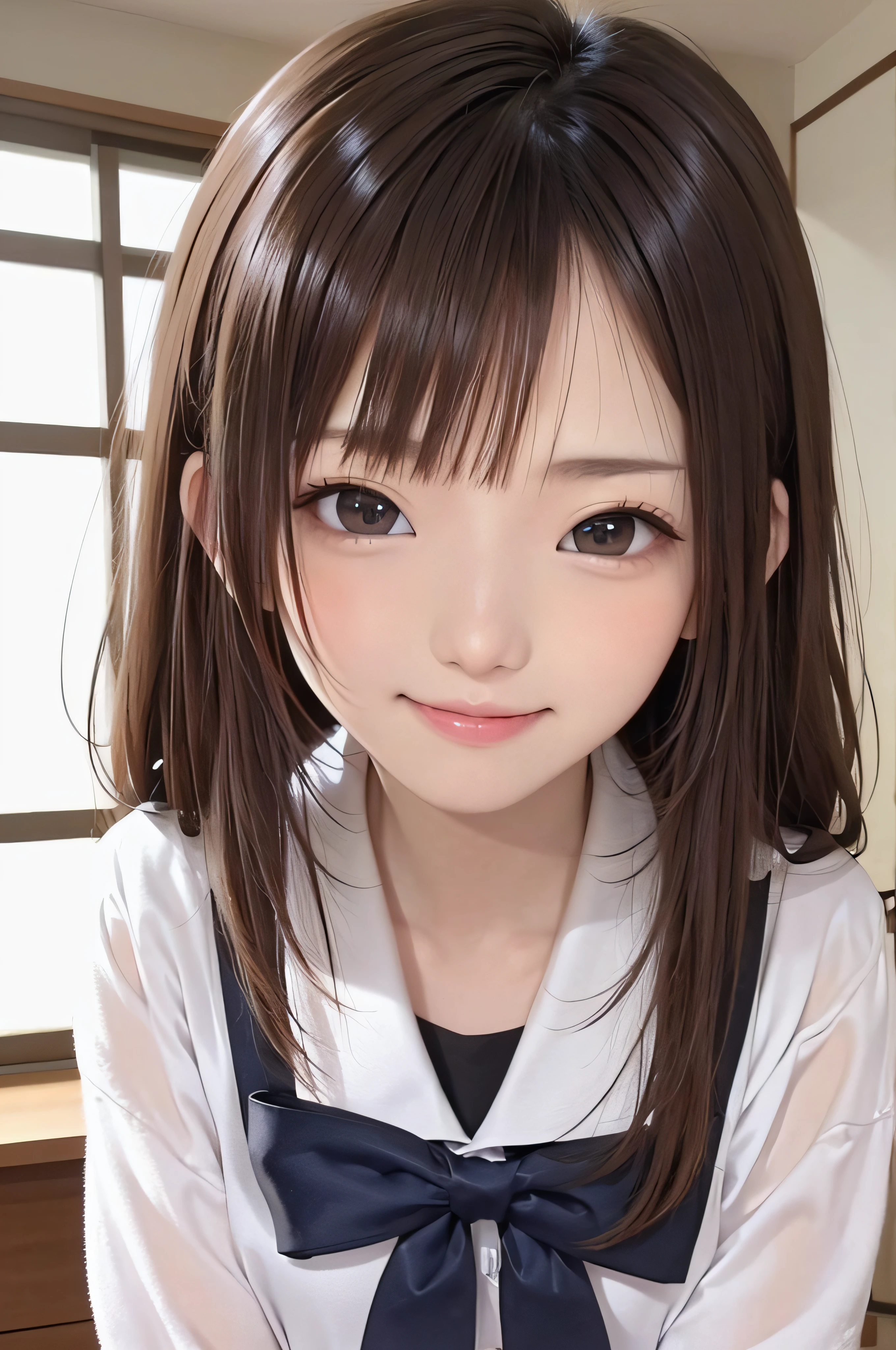 (Background white、White background、The background is all white)、17 age、brown haired、beautidful eyes、real looking skin、hi-school girl、a sailor suit、small tits、(8K、masterpiece)、(reallistic、Photorealsitic)、top-quality、ighly detailed、The ultra-detailliert、Beautie、cute little、japanes、Idol、a smile、ssmile、Close-up portrait、Healthy face