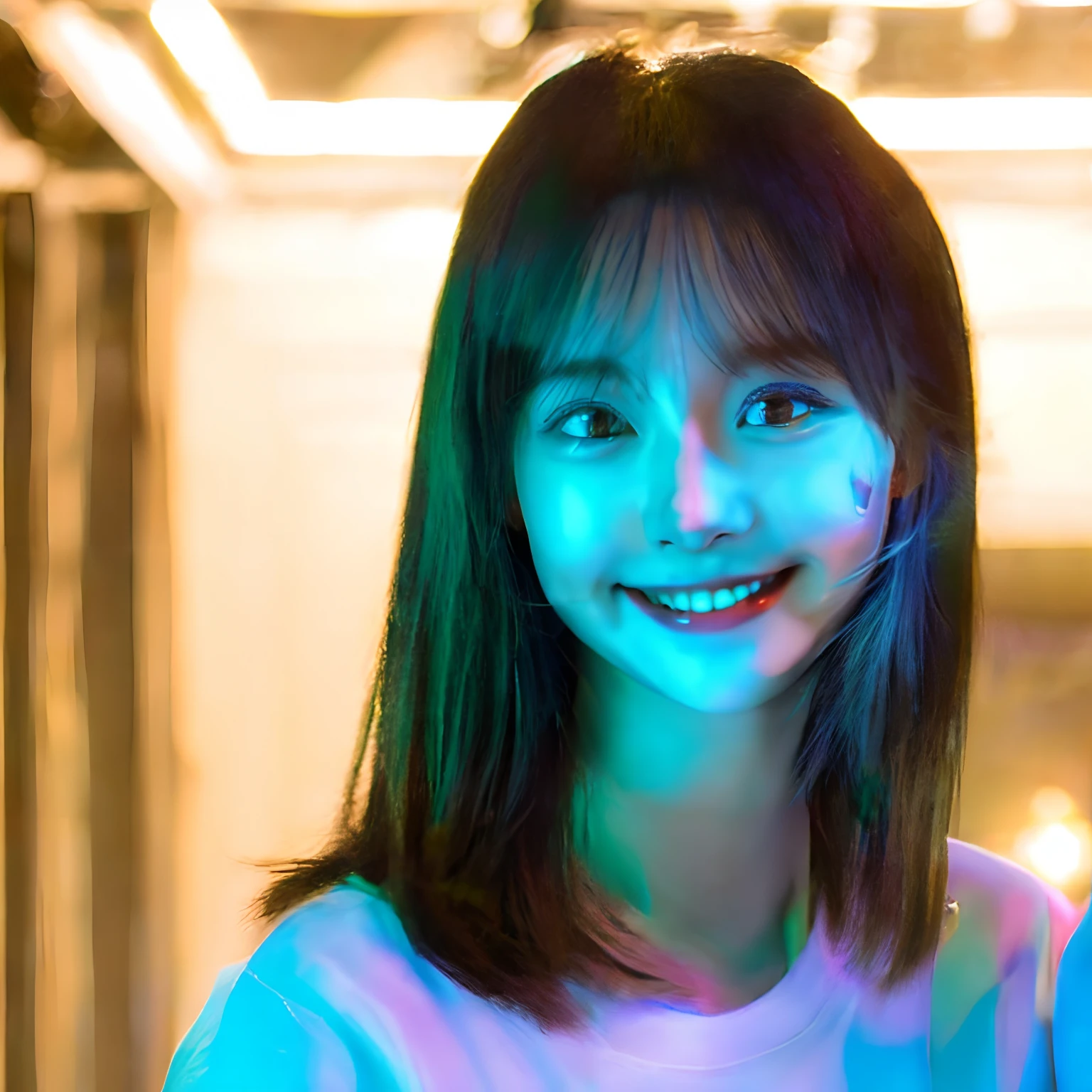 smil,I have bangs、Make your nose and mouth smaller、Narrow forehead、Blue light hits your face、Bigger eyes、In a natural、natural make up、(8k, RAW photo, best quality, masterpiece:1.2), (realistic, photo-realistic:1.4), (extremely detailed 8k wallpaper), sharp focus, depth of field, cinematic lighting, soft light,20 years old cute actress,smile