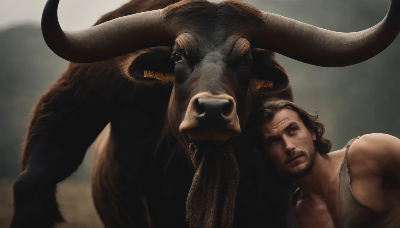 portrait+, (front view), hyperrealistic, (masterpiece), high details, ultra-realistic, (a hairy fur minotaur), open mouth, tongue, droll, droll, wet, dynamic pose, looking at viewer, octan light, 32k, close, blurry background, in a cave