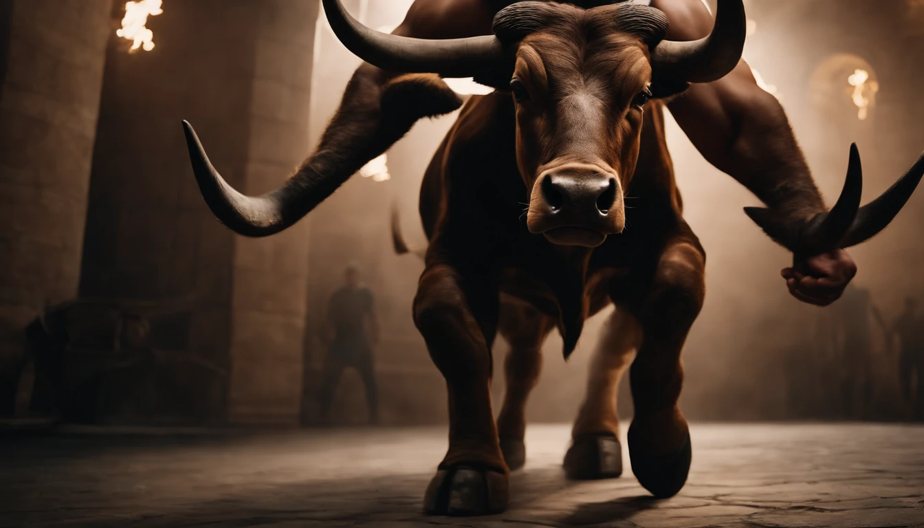 Realistic photos, RAW Photos, Minotaur, attacks viewer, Powerful movements, jump on prey, ((Dynamic jump)), Sharp Claws, Minotaur approaching from above, sudden approach, Bad-tempered, dynamic Shot from grand