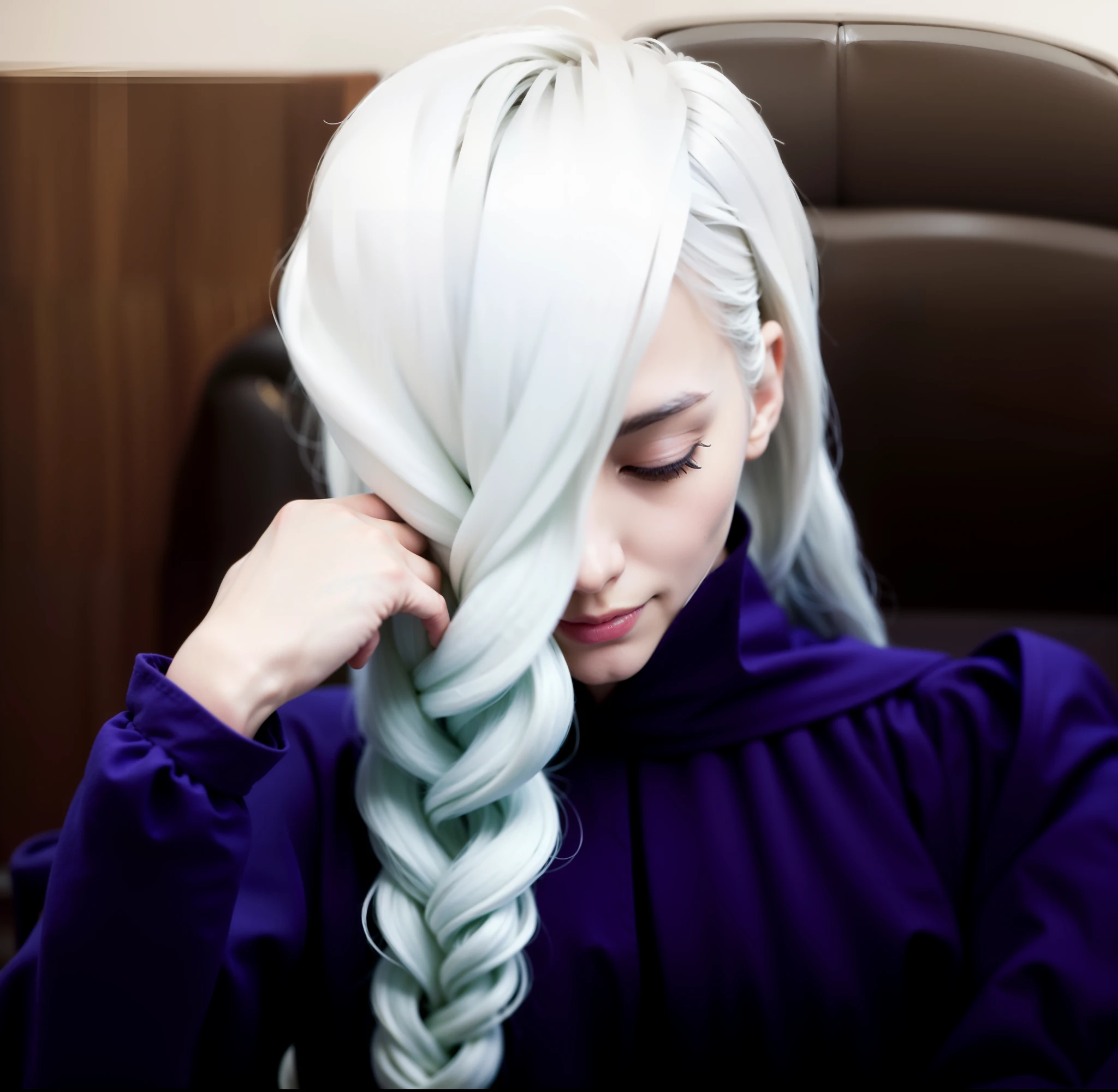 Close-up of a person sitting on the floor in a white shirt, long white hair, Silver hair (pony tails), girl silver ponytail hair, with long white hair, ses cheveux sont blancs, the anime girl is crouching, Silver hair ponytail, long braided white hair, White ponytail hair, white hime cut hairstyle, silver ponytail hair, Anime girl cosplay