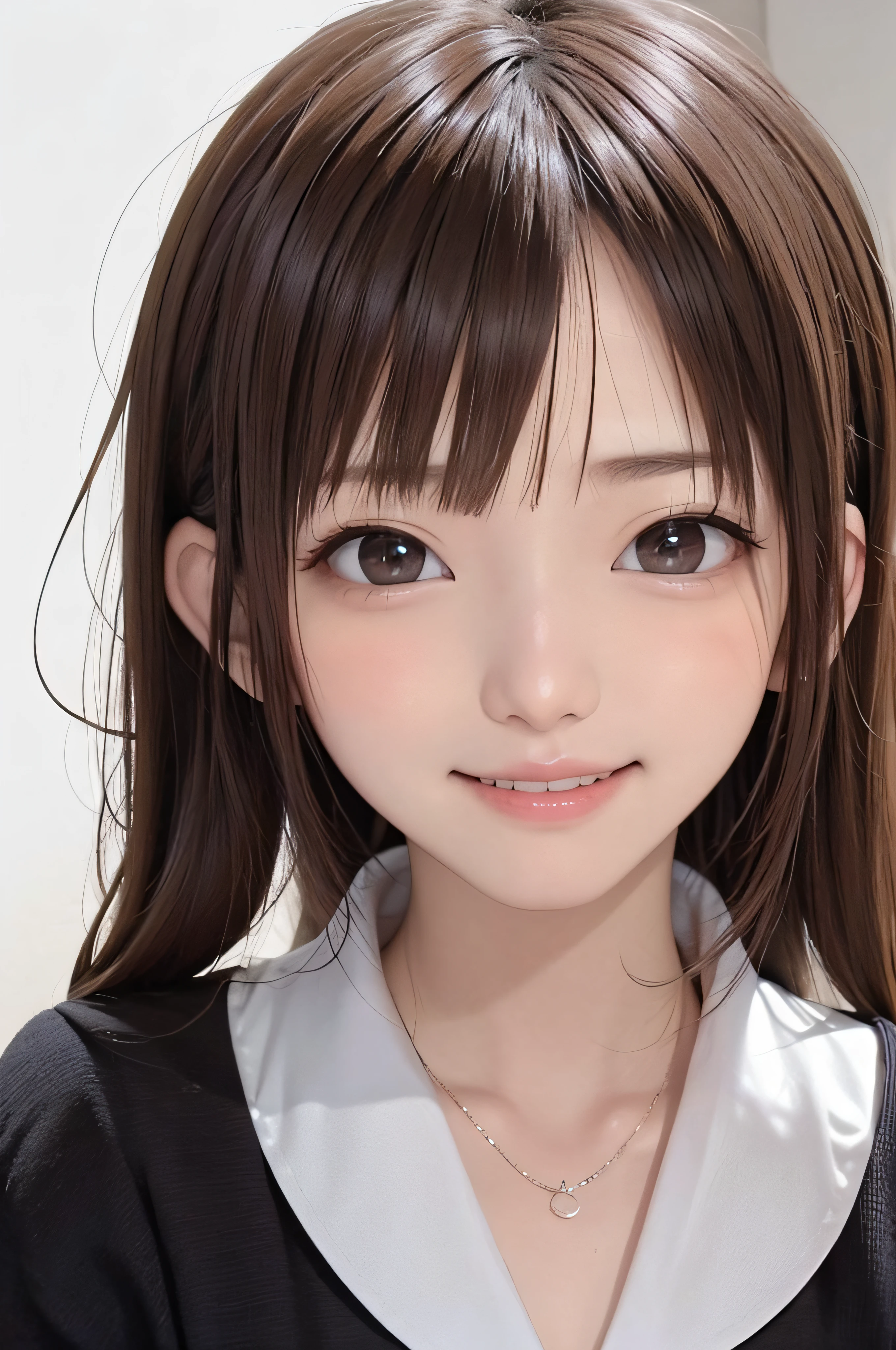 (Background white、White background、The background is all white)、17 age、brown haired、beautidful eyes、real looking skin、hi-school girl、a sailor suit、small tits、(8K、masterpiece)、(reallistic、Photorealsitic)、top-quality、ighly detailed、The ultra-detailliert、Beautie、cute little、japanes、Idol、a smile、ssmile、Close-up portrait、Healthy face