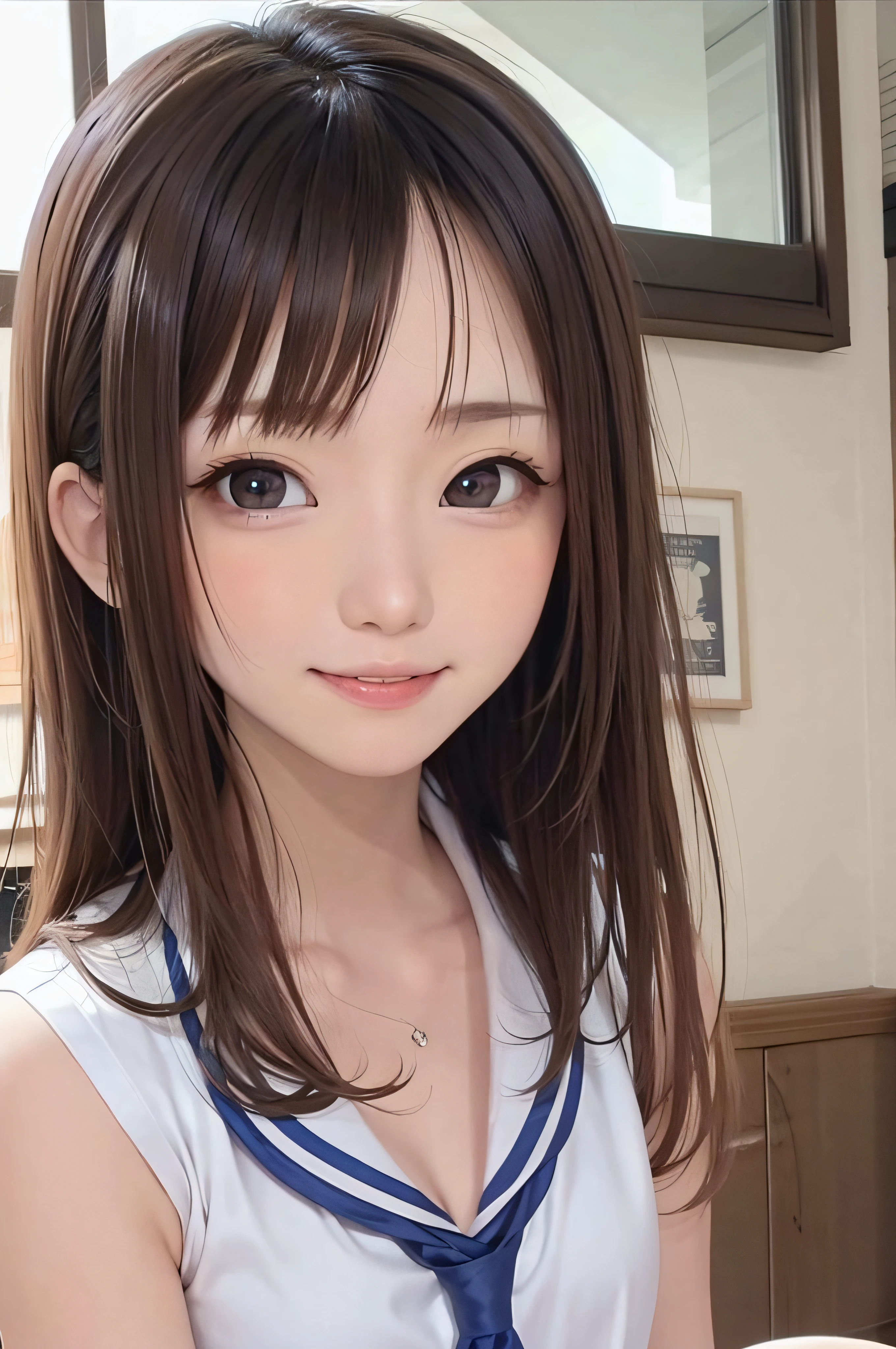 (Background white、White background、The background is all white)、、brown haired、beautidful eyes、real looking skin、hi-school girl、a sailor suit、small tits、(8K、masterpiece)、(reallistic、Photorealsitic)、top-quality、ighly detailed、The ultra-detailliert、Beautie、cute little、japanes、Idol、a smile、ssmile、Close-up portrait、Healthy face