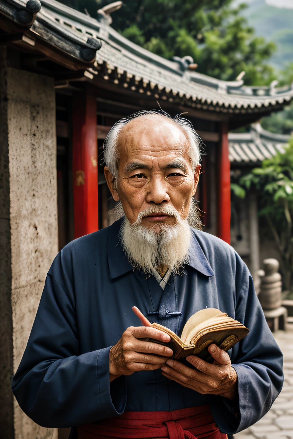 An old man with traditional Chinese thinking,Real frontal photos,Authentic background,The background is nature,holding books,worn-out clothing,Face full of wrinkles,80 years old Chinese medicine practitioner,Wise eyes,The beard is white,male people,country style,Leave the top of your head empty
