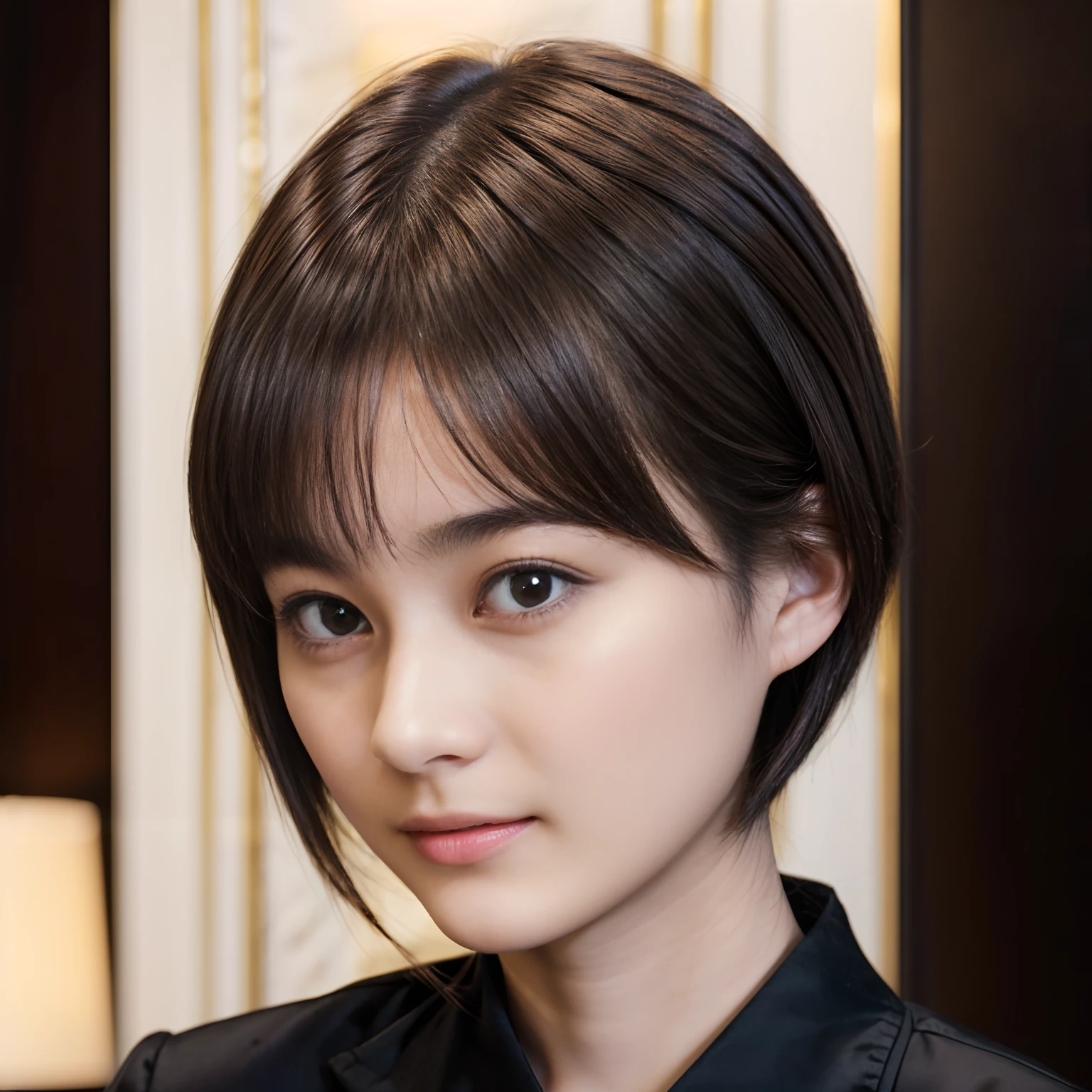 48
(An 18-year-old woman), (A hyper-realistic), (Masterpiece), Short Bob Cut, Concierge at the hotel reception, Gentle expression