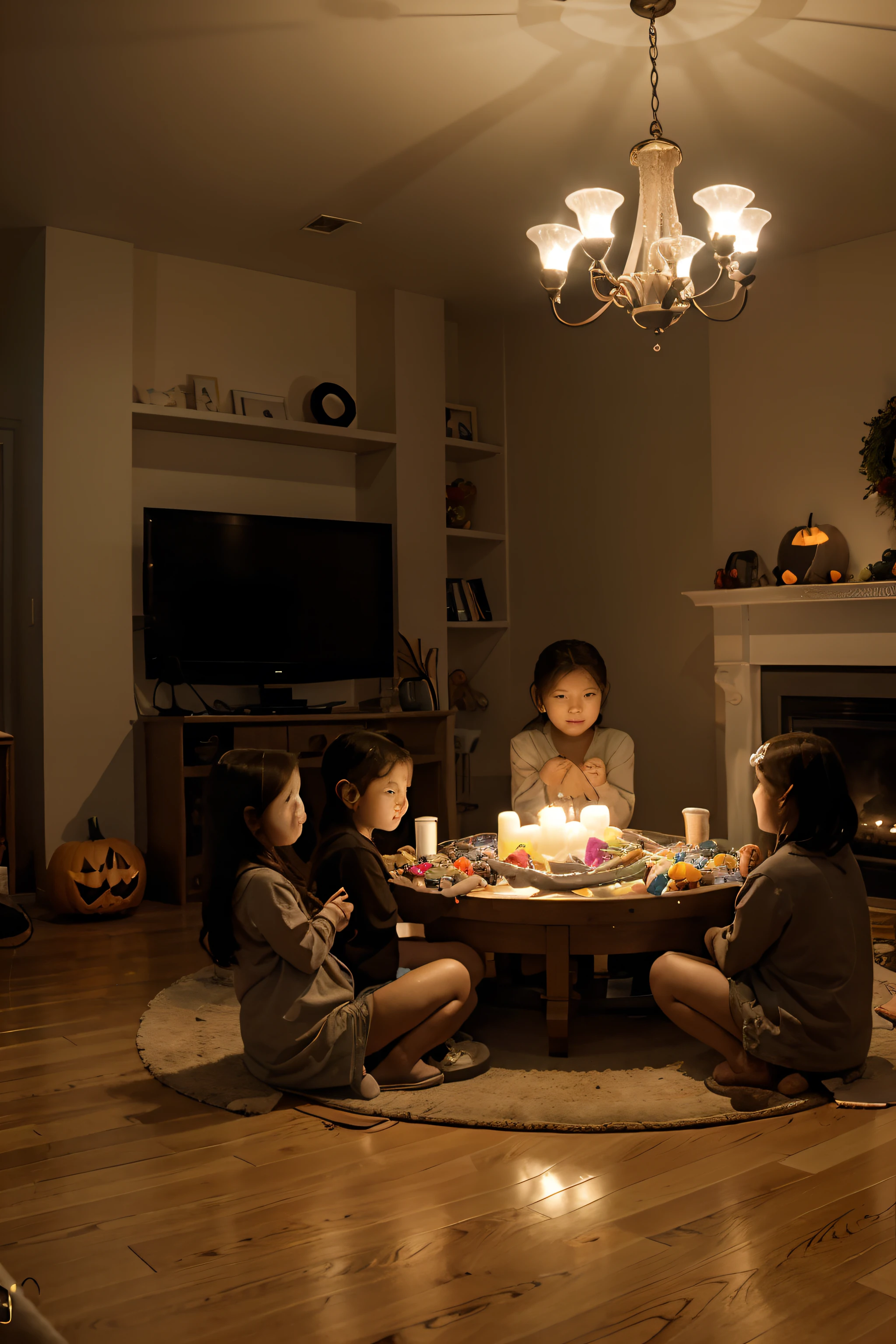 Fuji DSLR Capture: A spacious family room where a family sits in a circle on the floor, each with their own pile of candies. The children trade candies with each other, while the parents supervise, ensuring that all treats are safe to eat. The room's ambiance is enhanced by the soft glow of jack-o-lanterns placed around. --ar 16:9 --q 5 --v 5.2 --s 1000