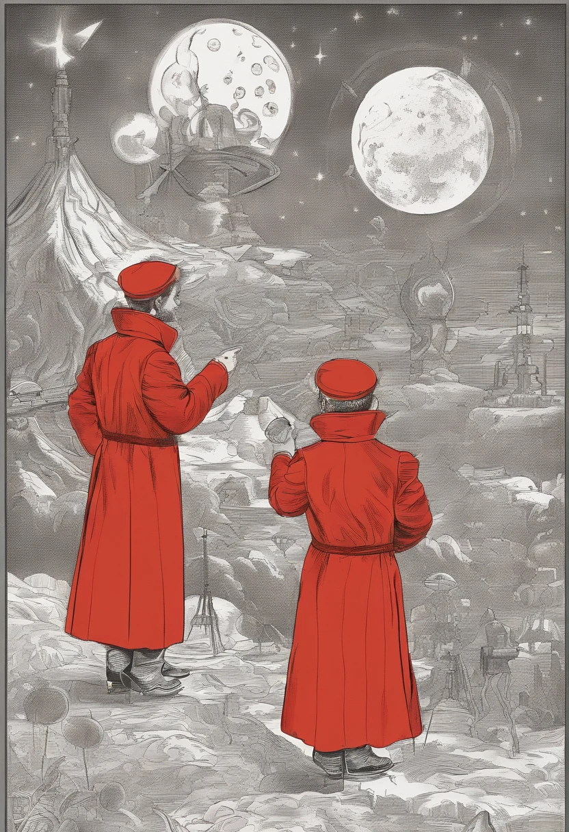 Scientists in science coats turn their backs to us，looking at the stars，hard core，Technologie，Red monochrome,USSR Poster,urss,Communism