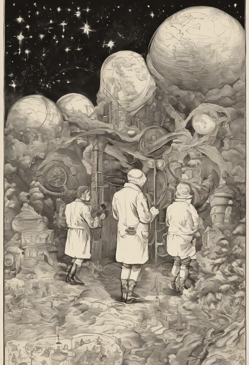 Scientists in science coats turn their backs to us，looking at the stars，hard core，Technologie，Red monochrome,USSR Poster,urss,Communism