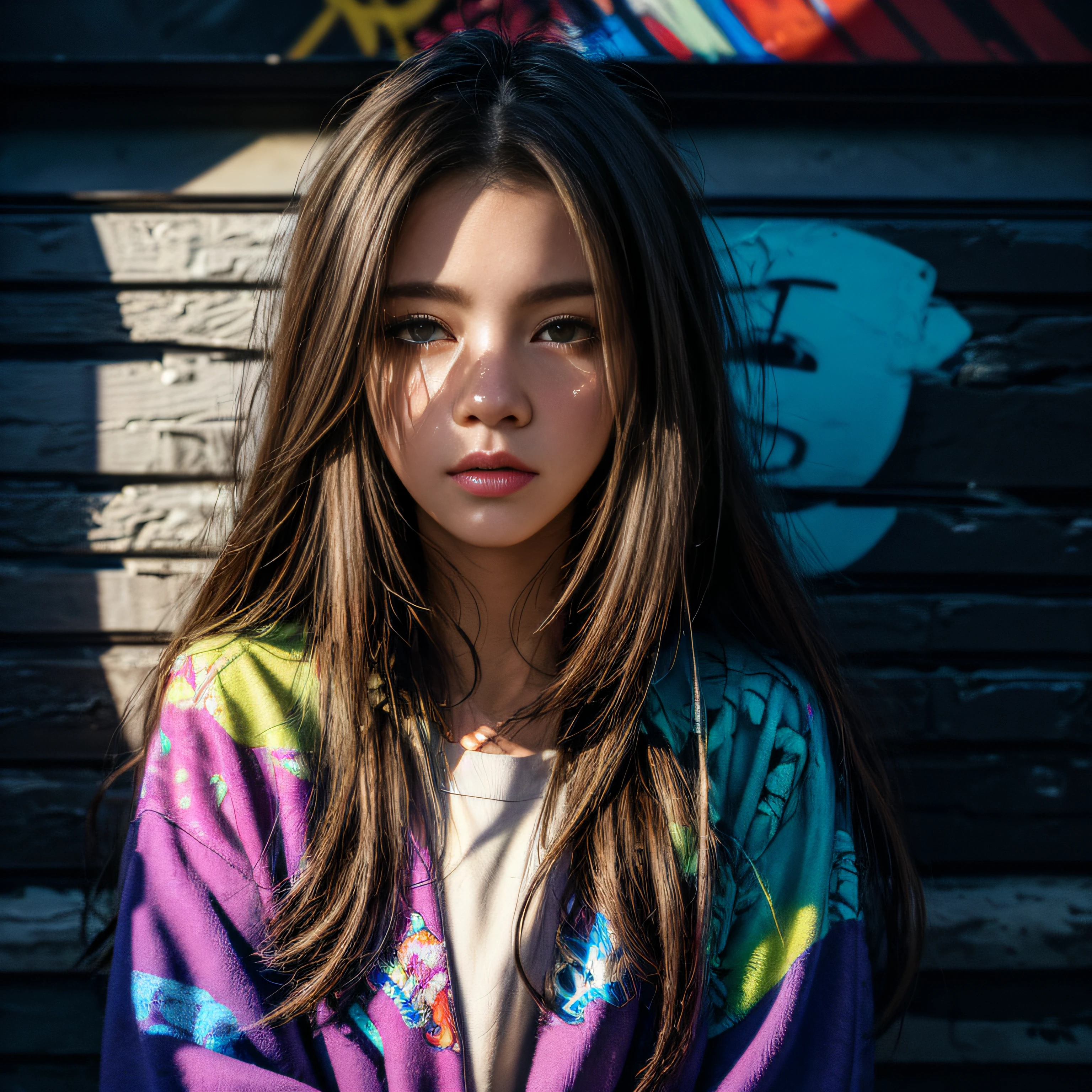 (best quality), masterpiece, extremely detailed CG uniform 8K illustration, high color, extremely high color saturation, all colors deepened, paint, graffiti art, center composition, extremely detailed light and shadow, graffiti wall, wall painted bright, 1 girl graffiti 1 girl looking at the wall, extremely detailed face and eyes, medium length hair, sportswear, colored clouds, ((beautiful face, perfect anatomy, perfect face))