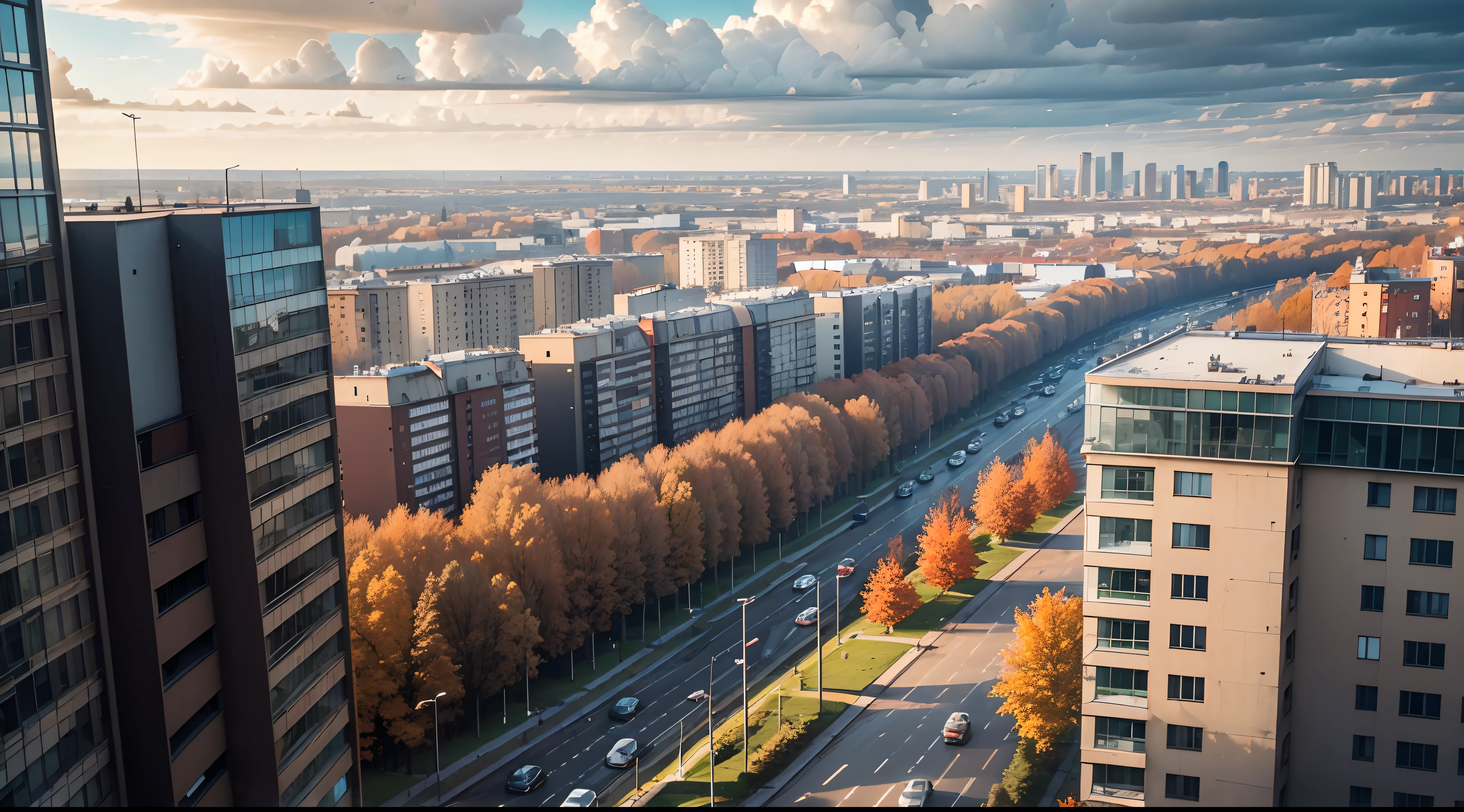 masterpiece, detailed, autumn, view of a city from a high rise building, minsk city, view from slightly above, the photo was taken from afar, urban view in the distance, rainy streets in the background, Belarus. wide shot, view from high, soviet apartment buildings, view over city