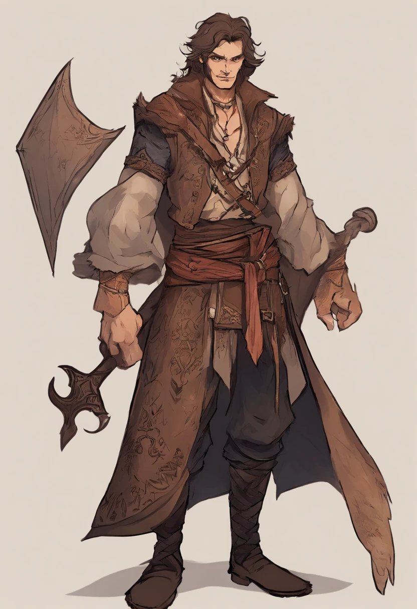 Je souhaite un vampire avec des oreilles un peu pointues. He has a fierce expression on his face. Il lui fait des yeux jaunes, et des cheveaux longs, black and braided. He must wear a medieval mercenary outfit and an axe on his hip. He must be standing in a dark and ominous wood. A brown owl rests on his left arm.